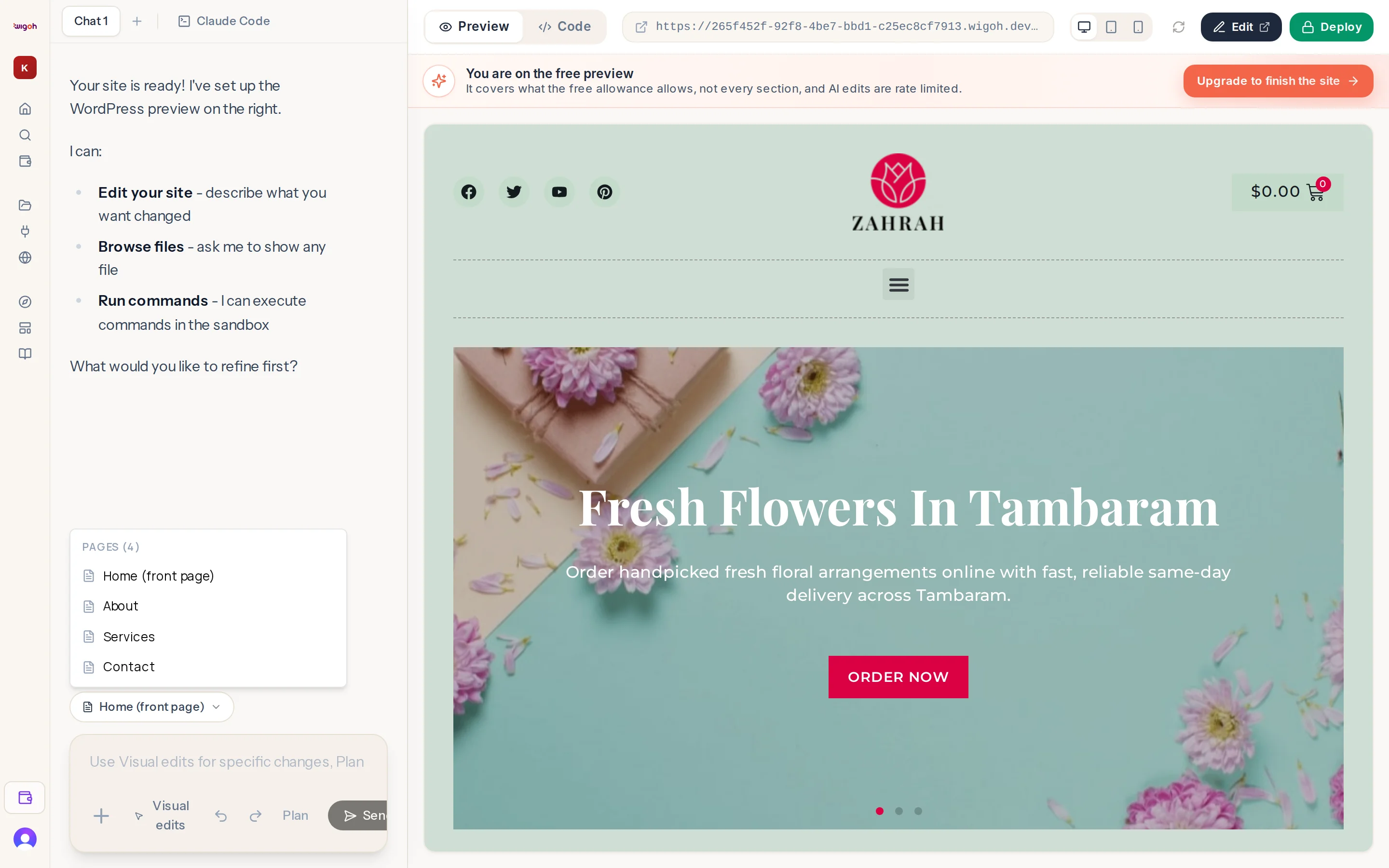 The page switcher dropdown open, listing Pages, Posts, Products and Theme templates
