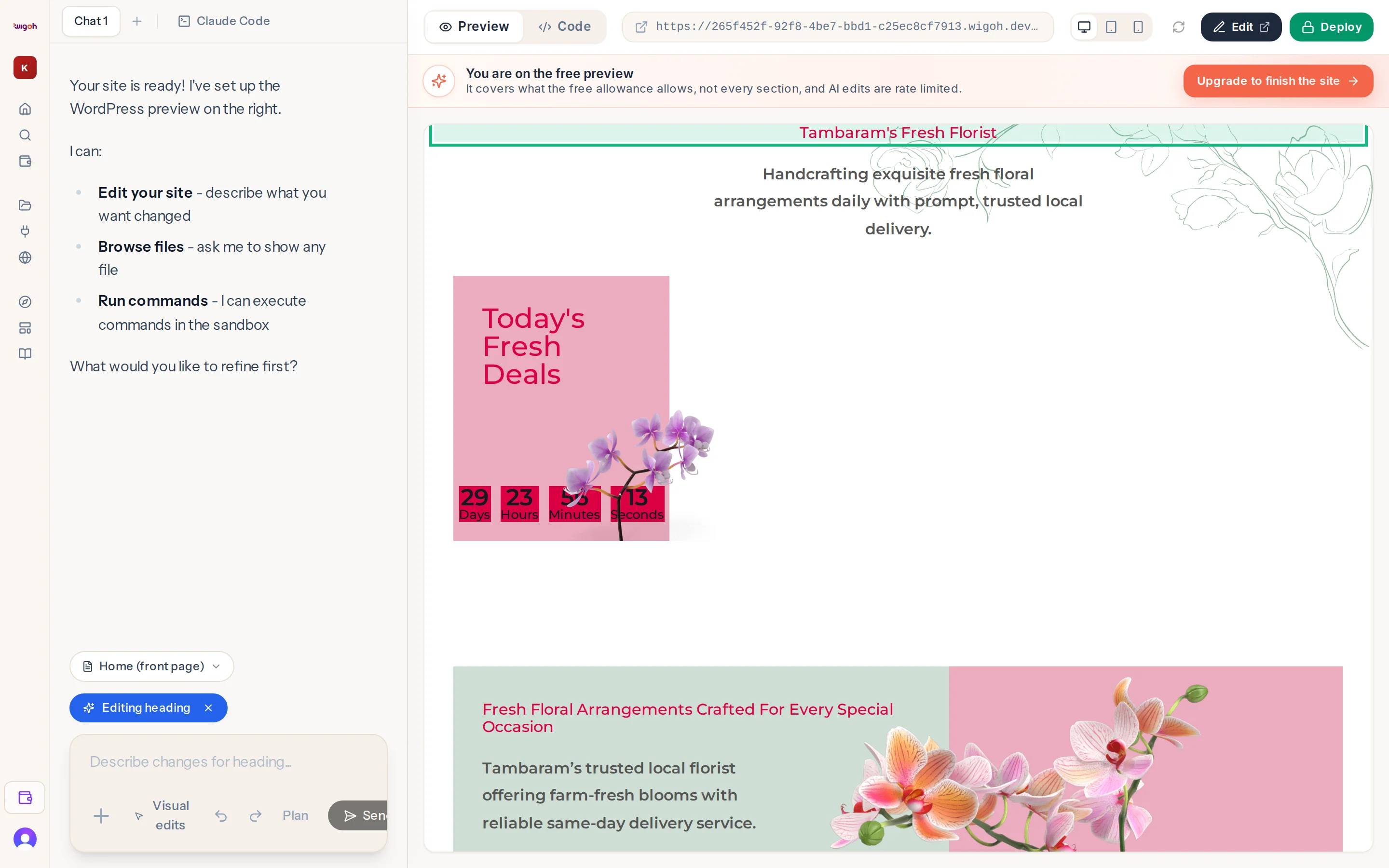The preview in selection mode with an element highlighted and the Editing chip above the message box