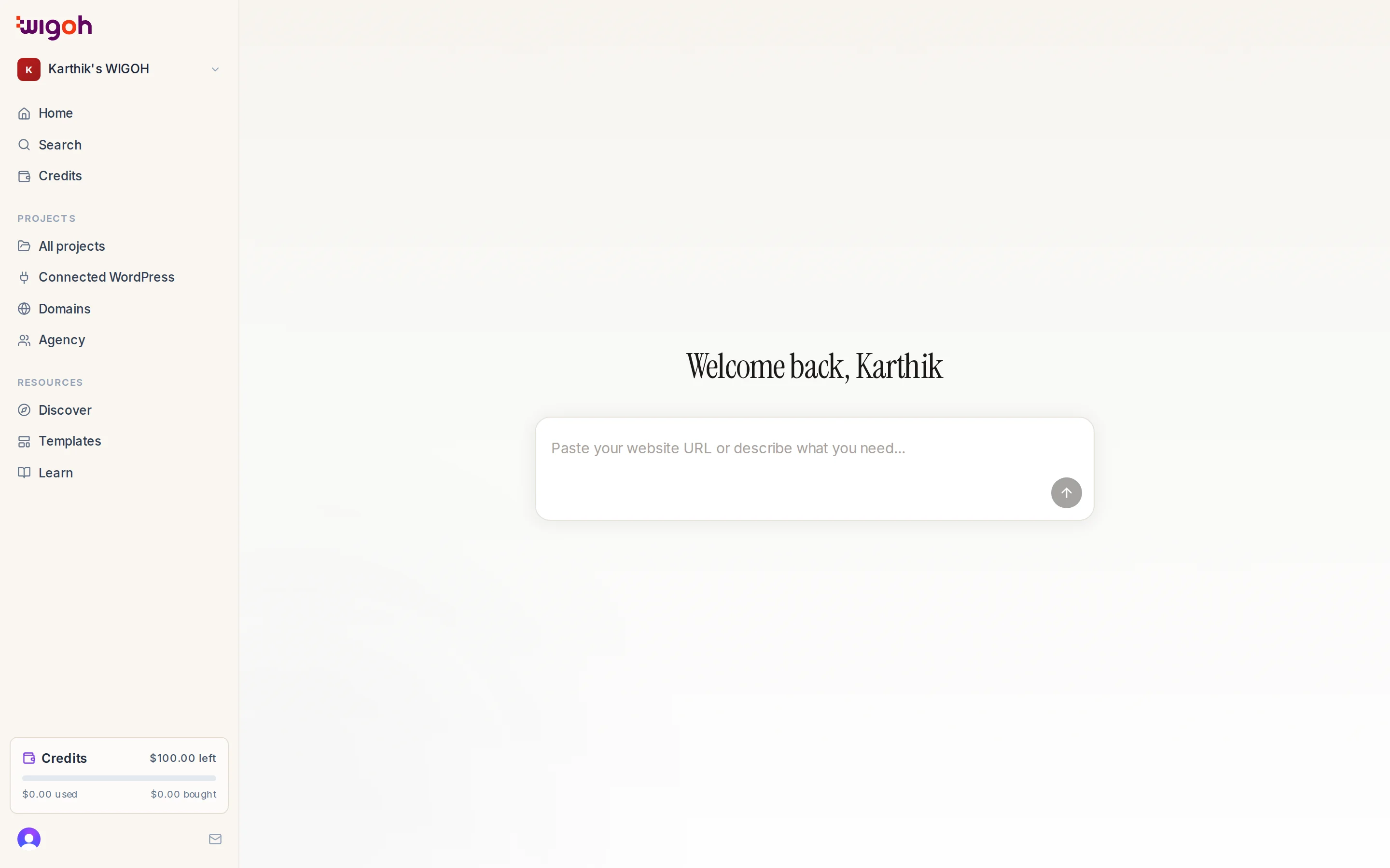 The signed-in home page with the greeting and the prompt box