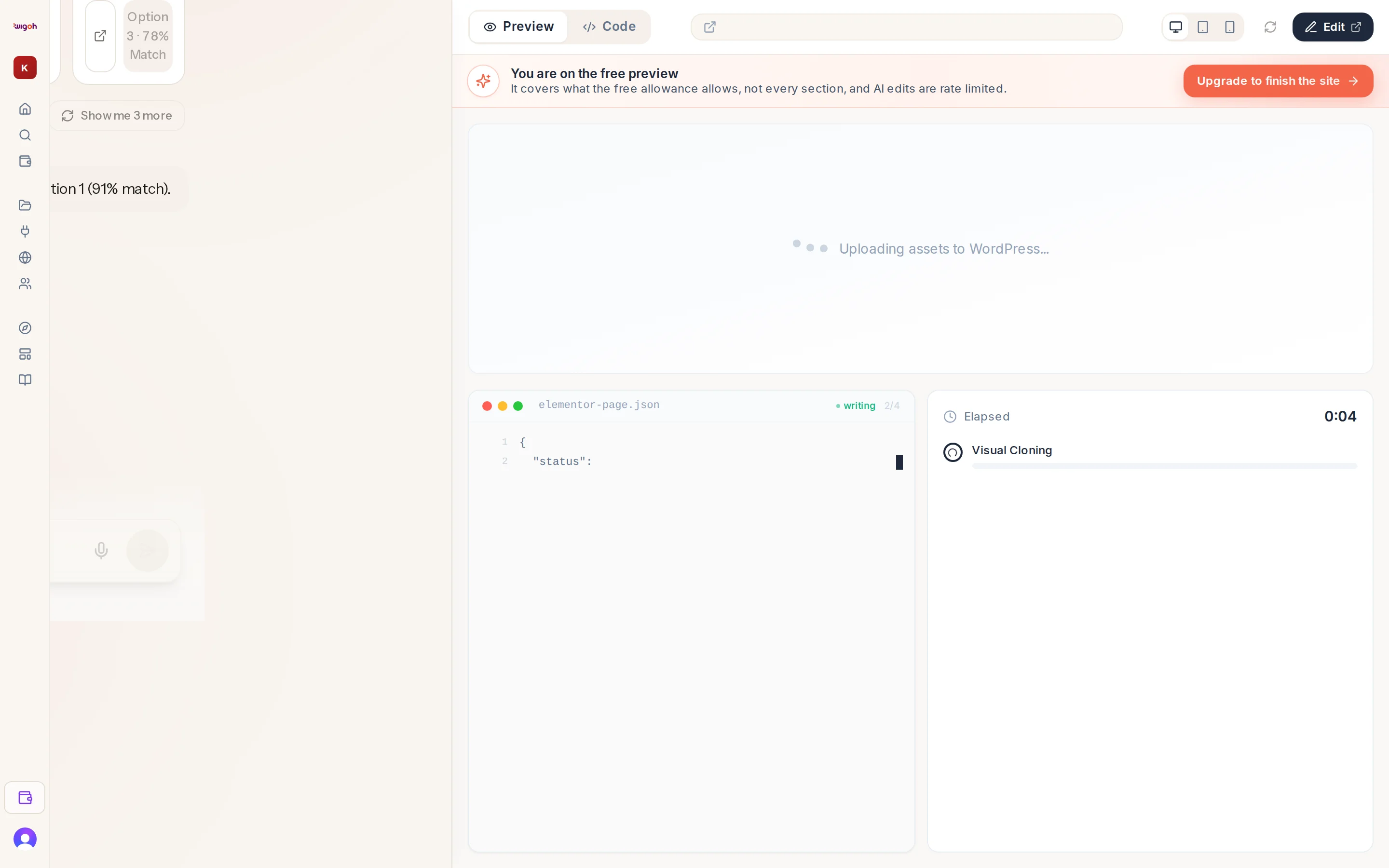 The split layout with the progress checklist in the chat and the preview panel loading
