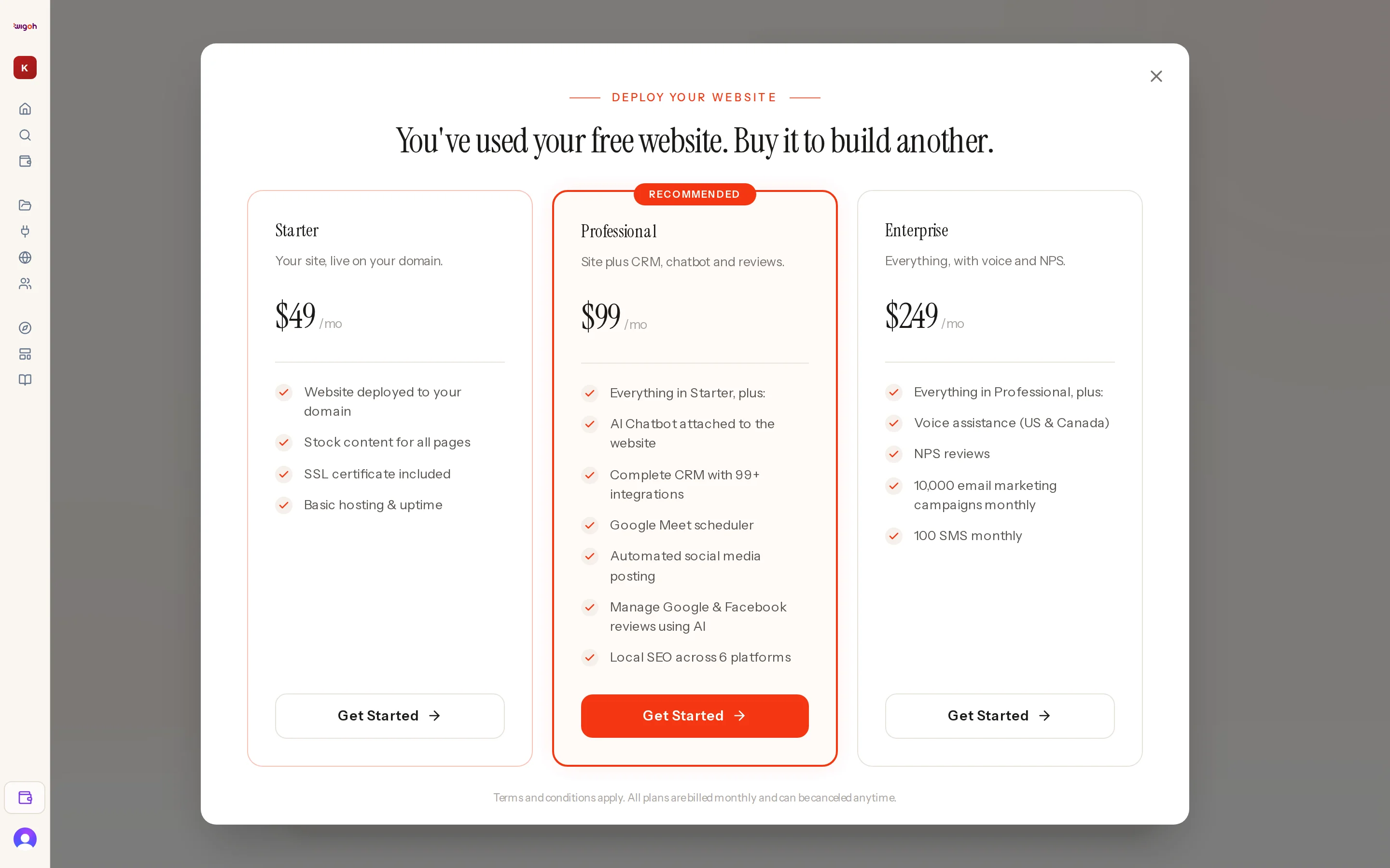 The plan chooser opened by a second build on a free account