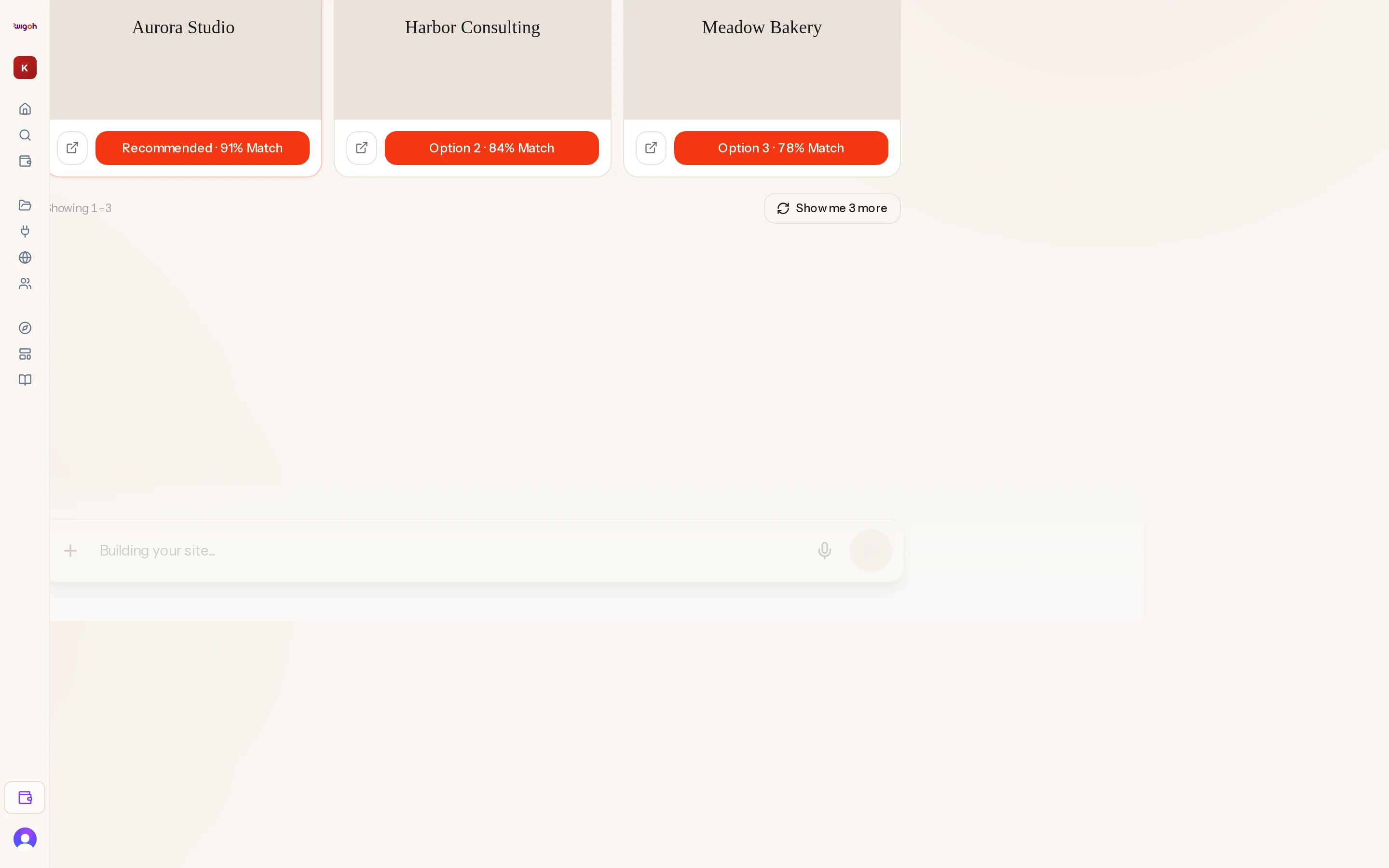 Three template cards with cover images, match percentages and Option buttons