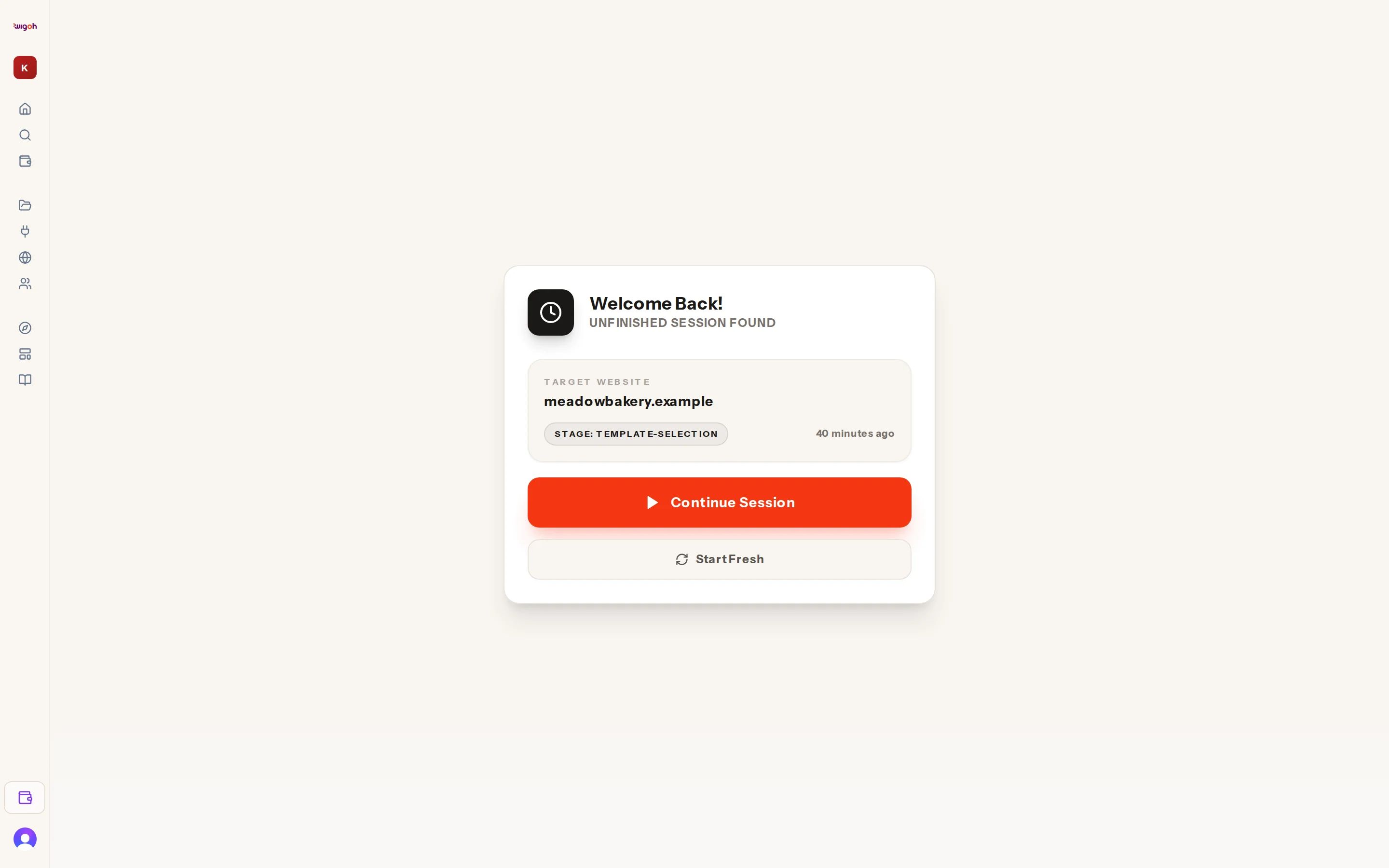 The Welcome Back card with Continue Session and Start Fresh buttons