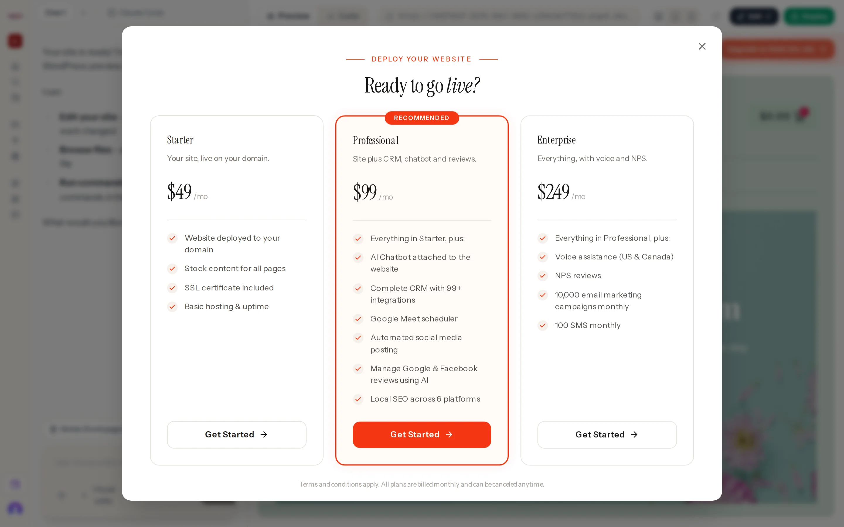 The Ready to go live dialog with three plan cards