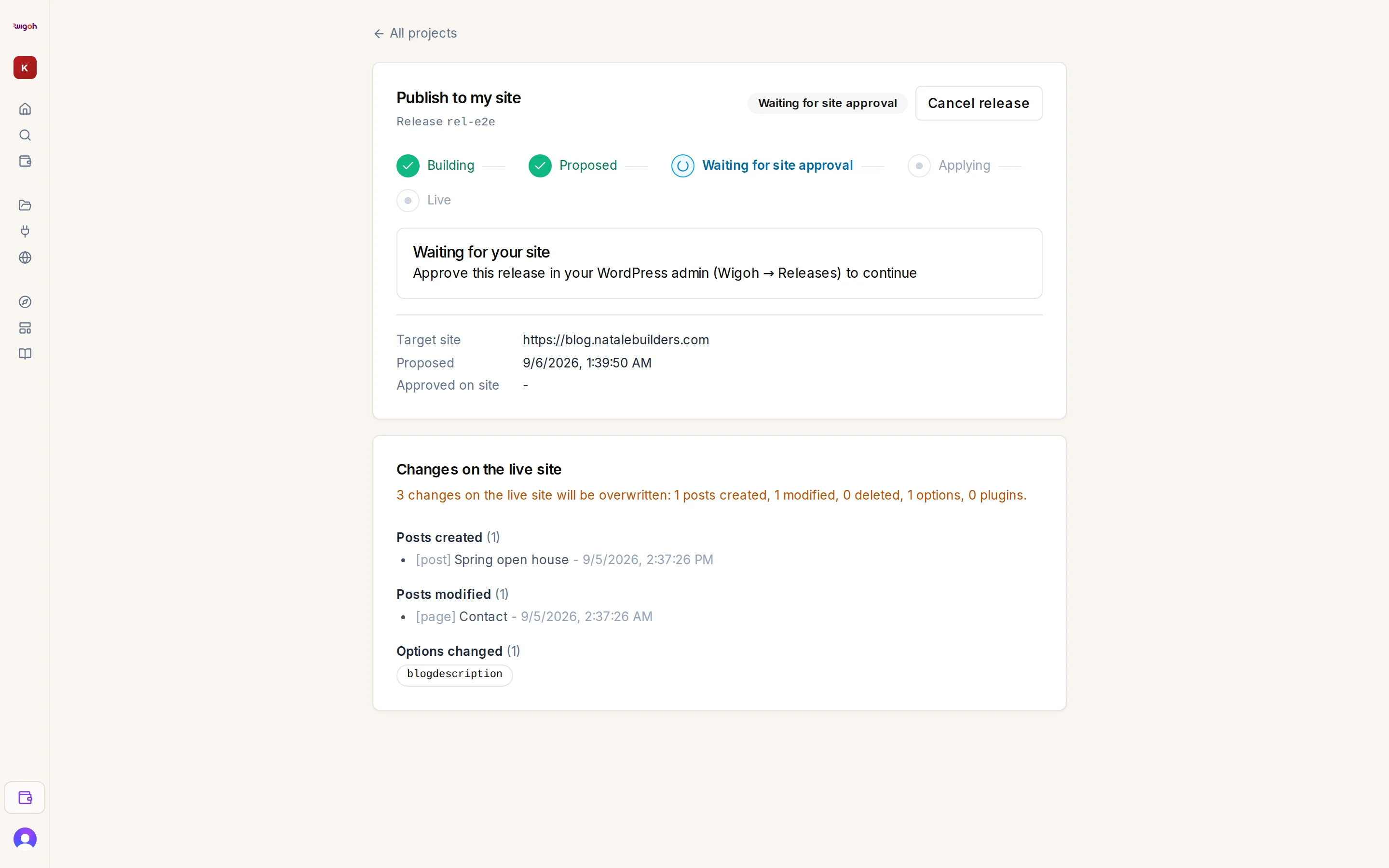 The Publish to my site page with the status timeline and drift report