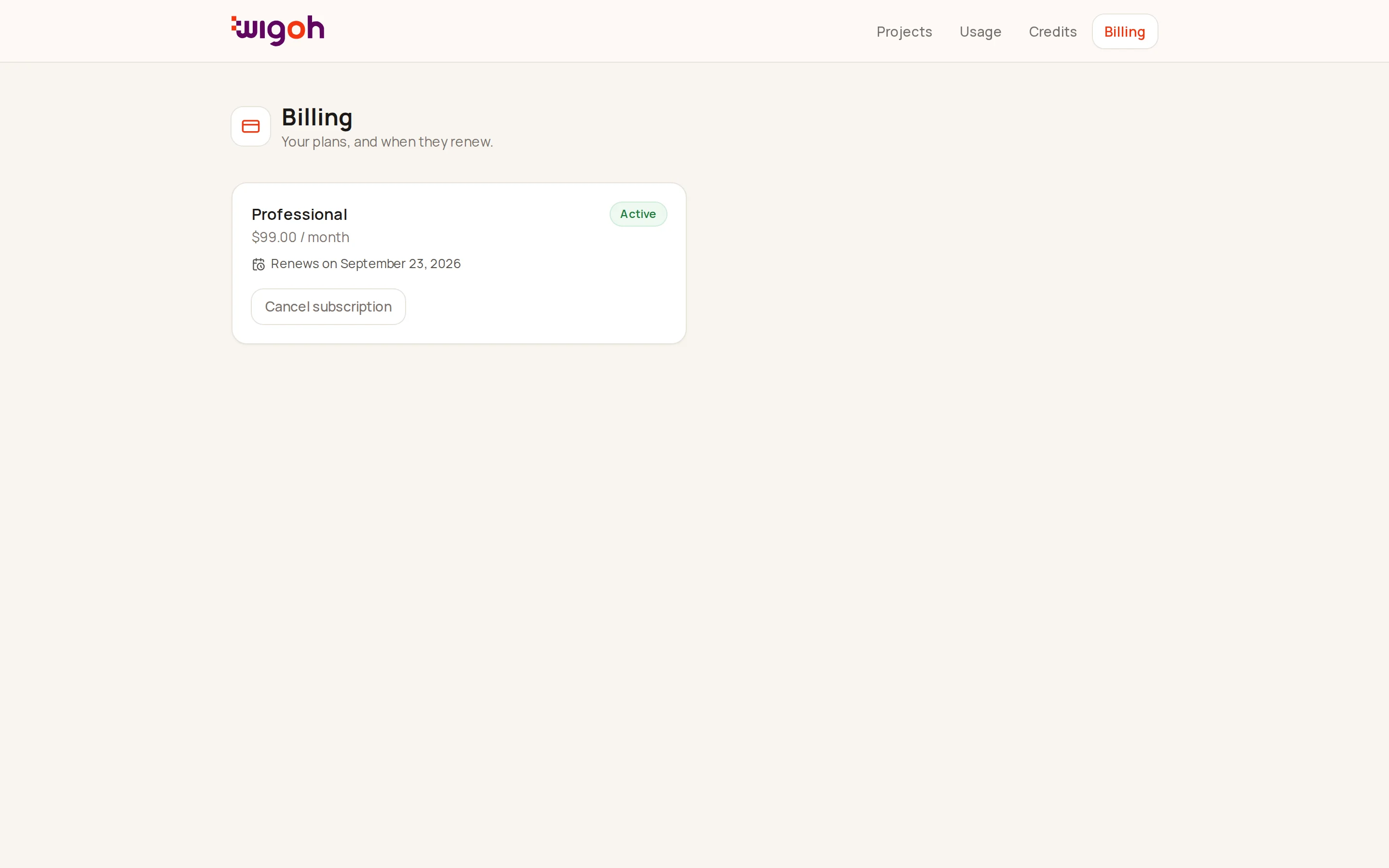 The Billing page listing subscription cards
