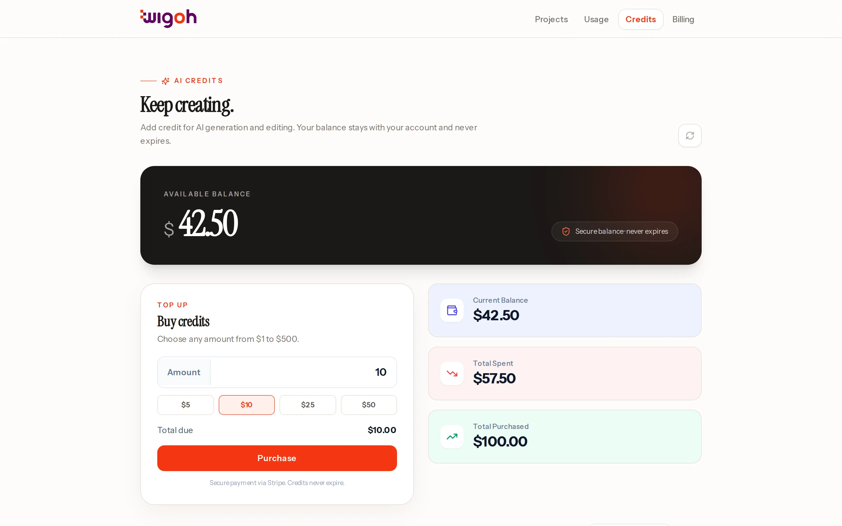 The Credits page with the balance card, Buy credits form and recent transactions