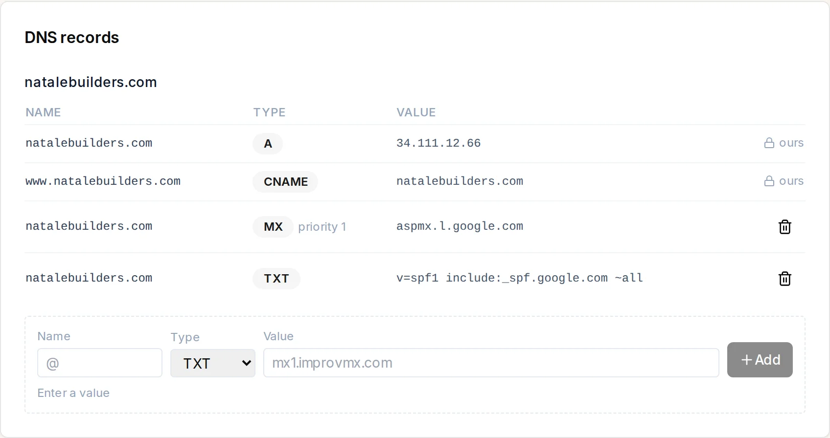 The DNS records card listing records with an Add form