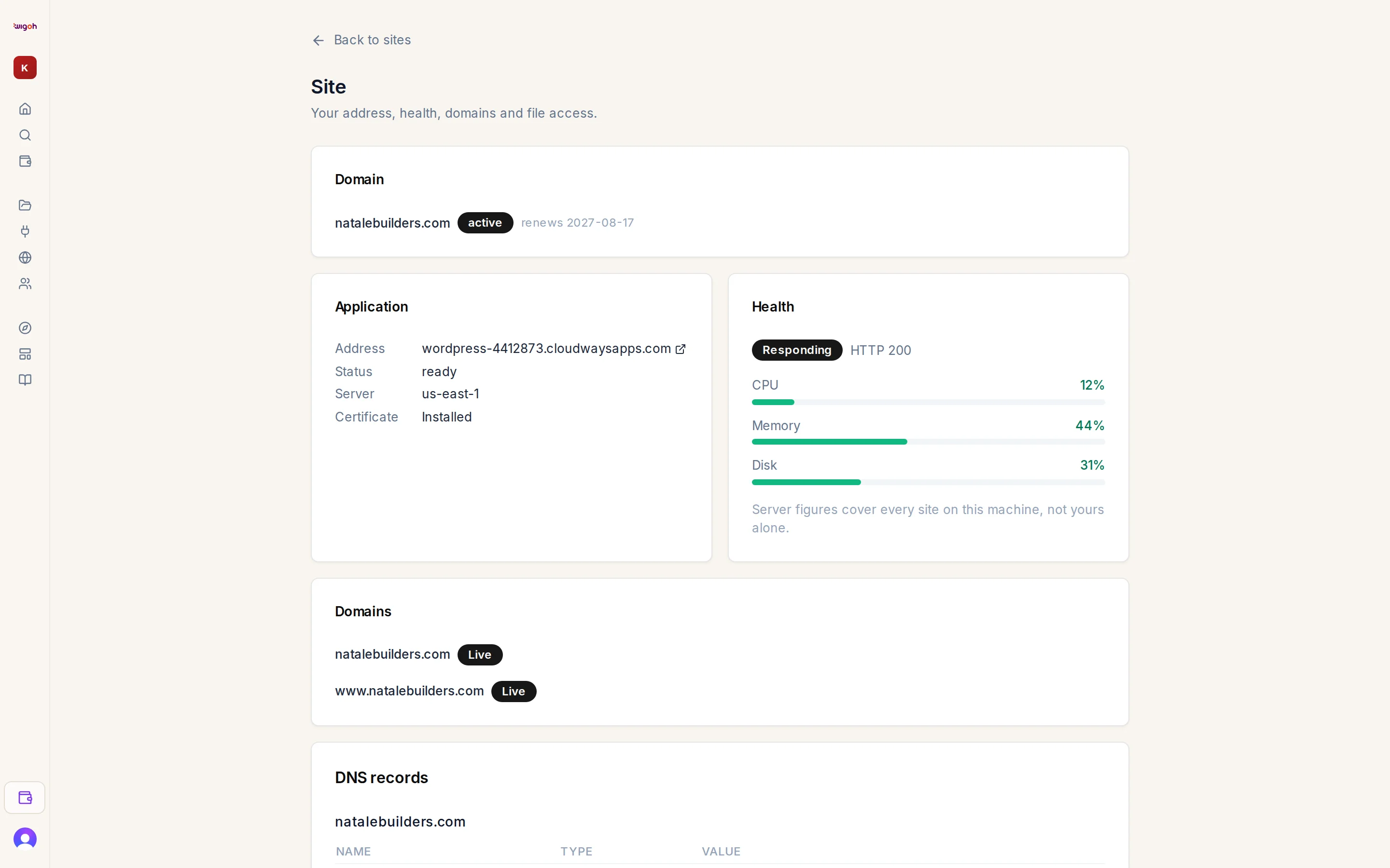 A site's settings page with the Domain, Application, Health, Domains, DNS and SFTP cards