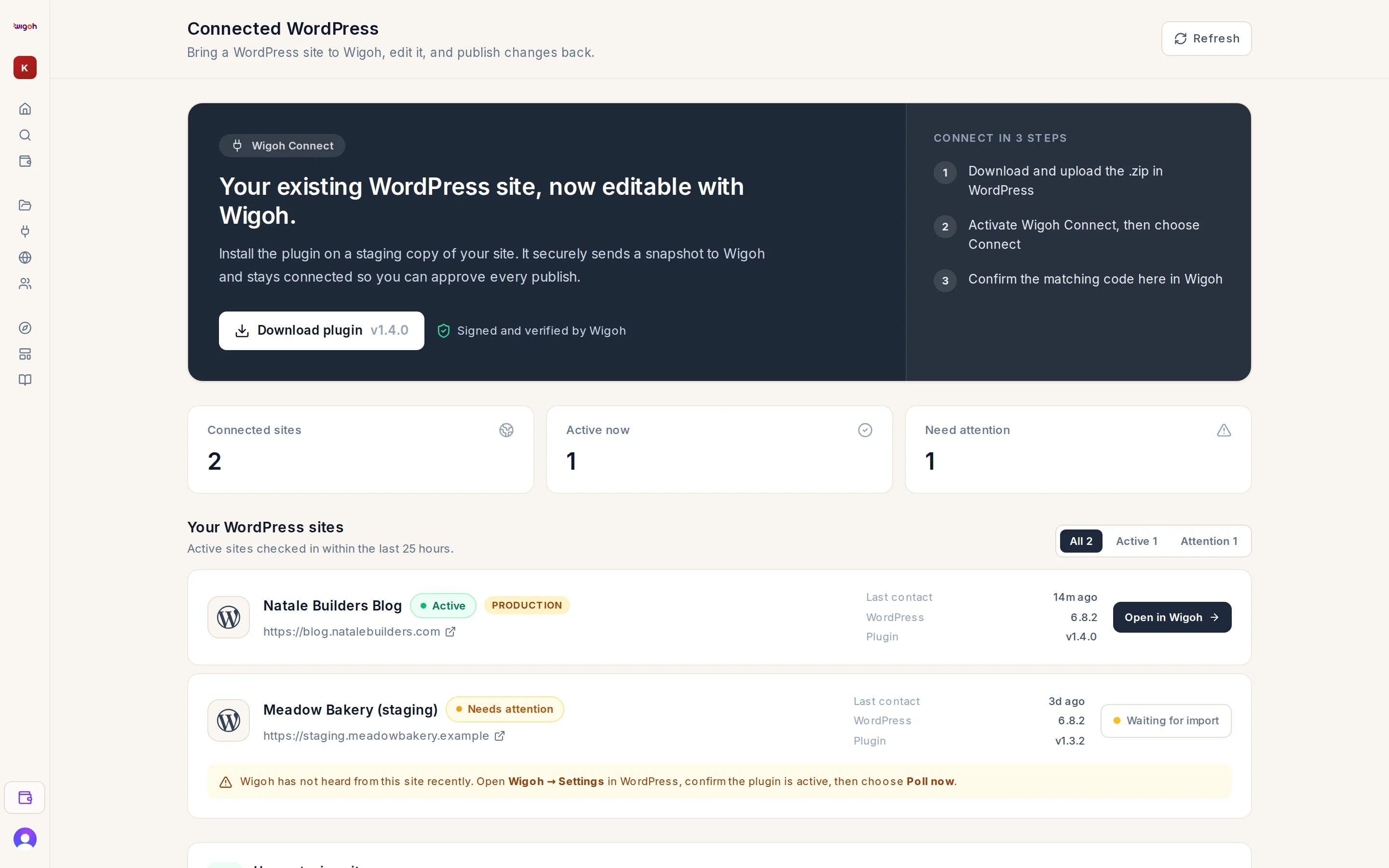 The Connected WordPress page with the plugin download and the three connection steps