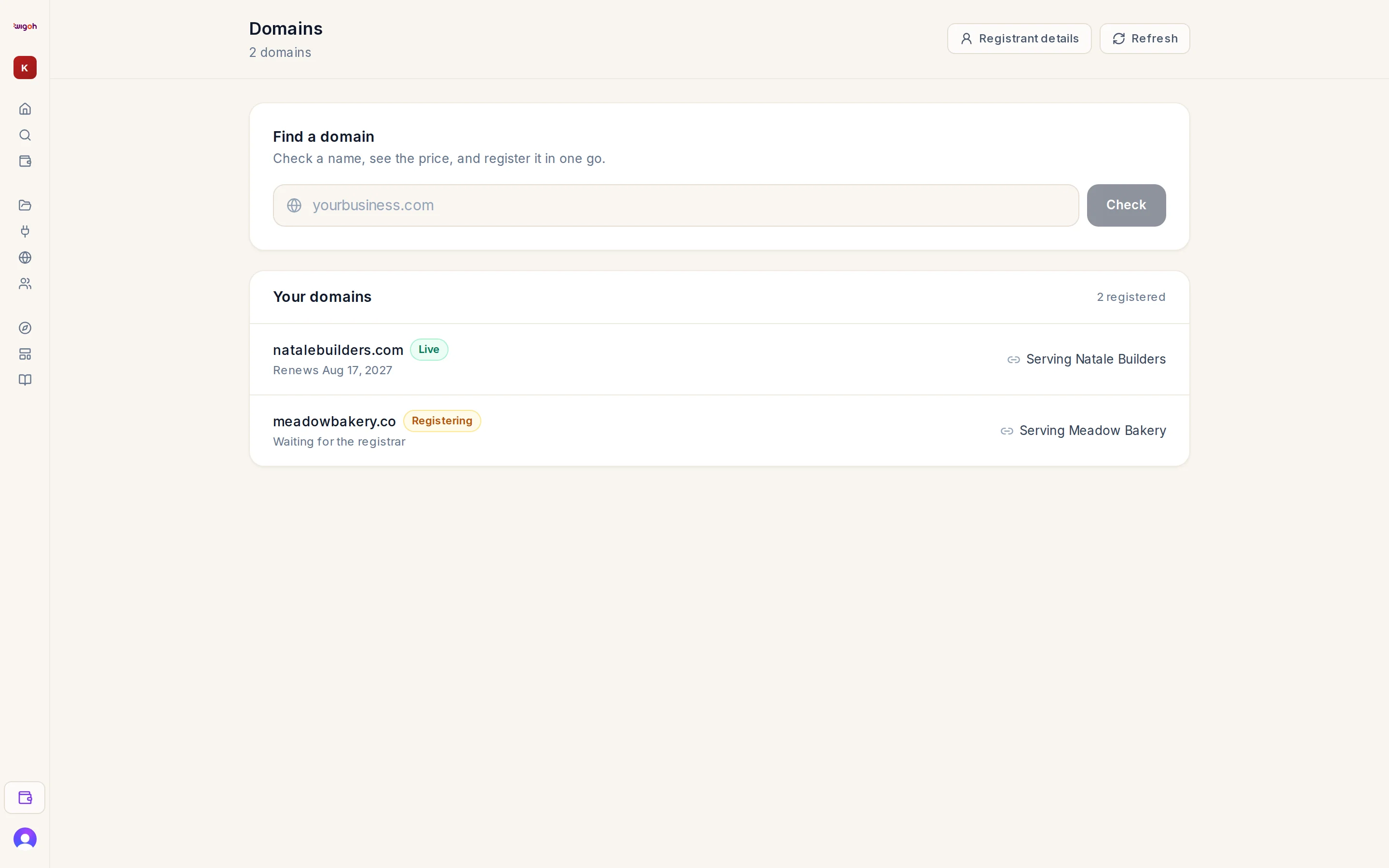 The Domains page with the Find a domain search and the Your domains list