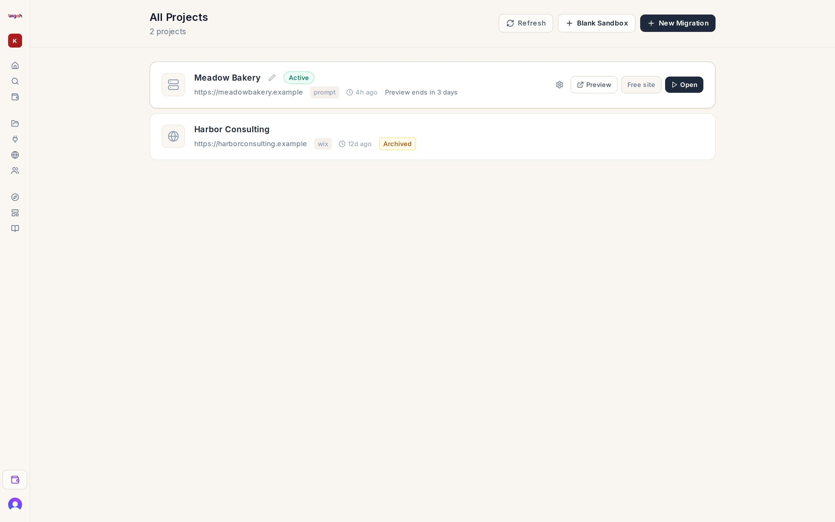 All Projects on a free account: the Free site badge, a preview countdown and an archived site