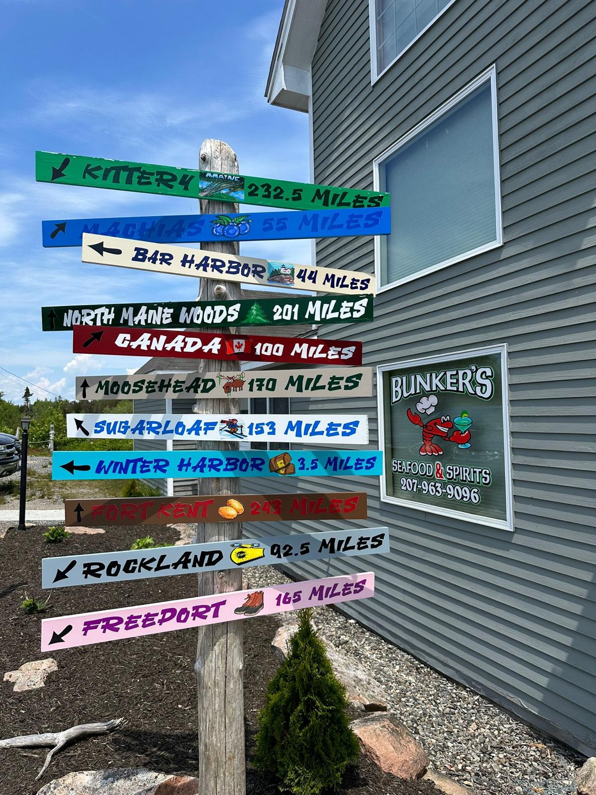 The colorful mileage signpost at Bunker's