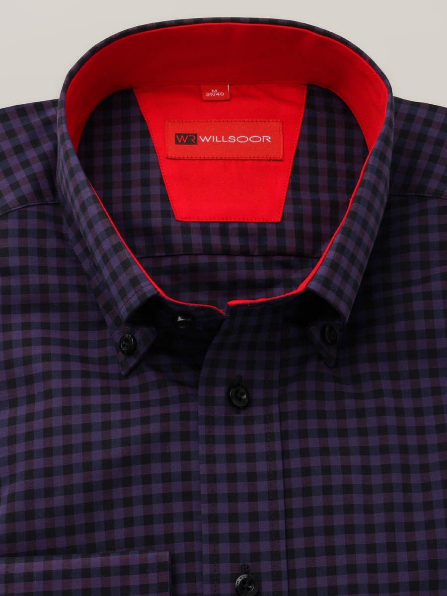 Pánská kostkovaná košile slim-fit ve fialové barvě s červeným kontrastem