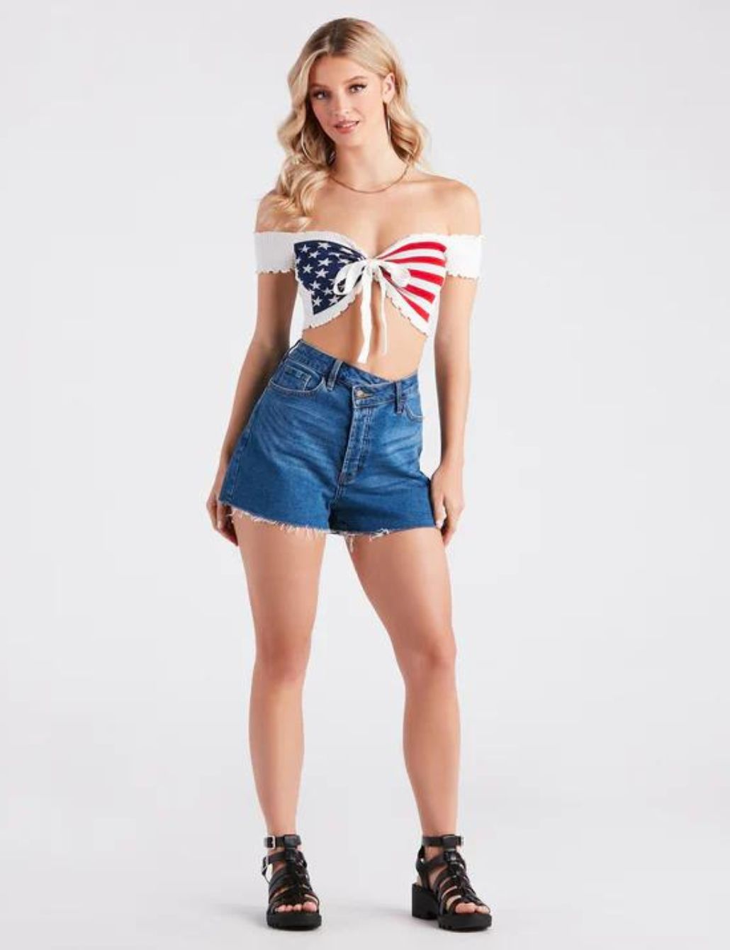 Patriotic Style: Red, white, and blue stripes, High-waist shorts