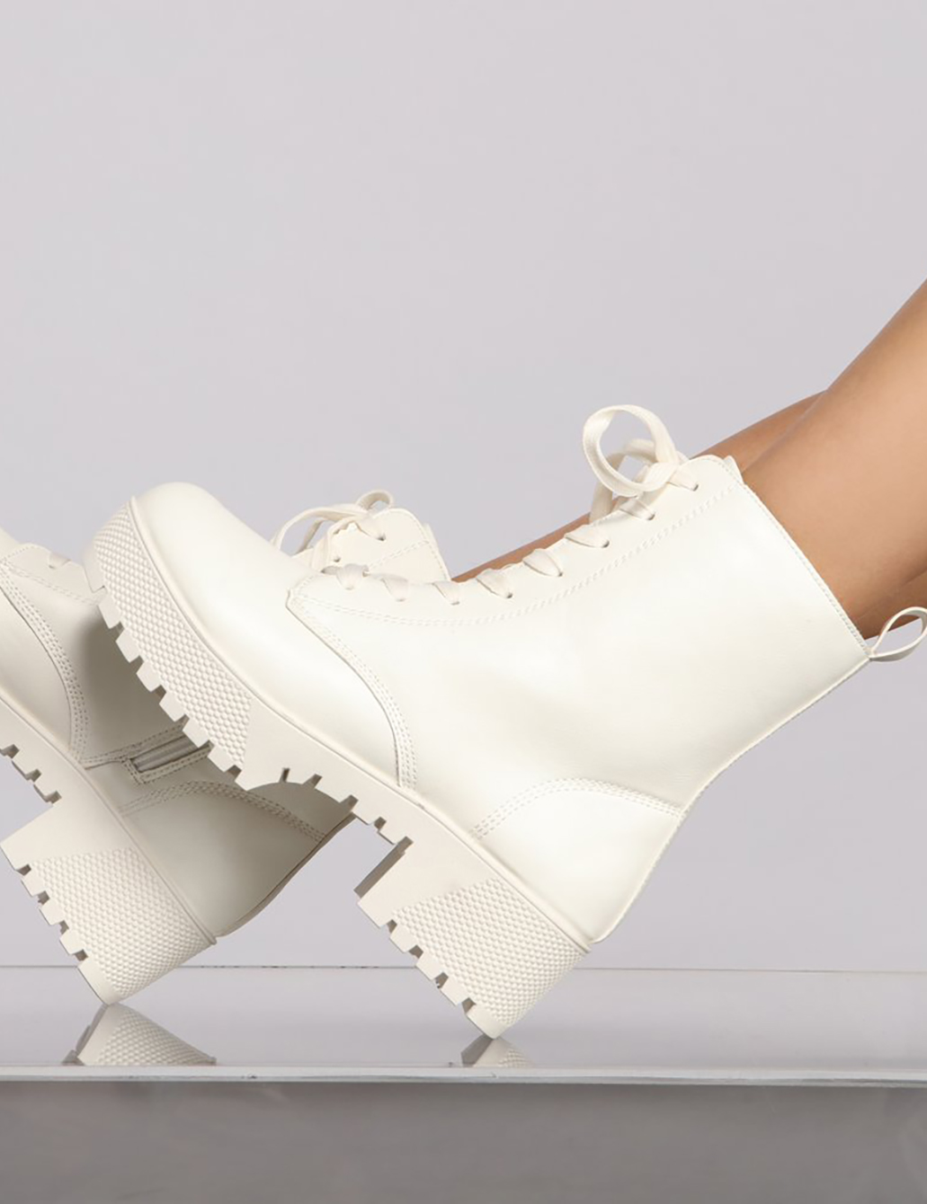 white faux leather combat boots