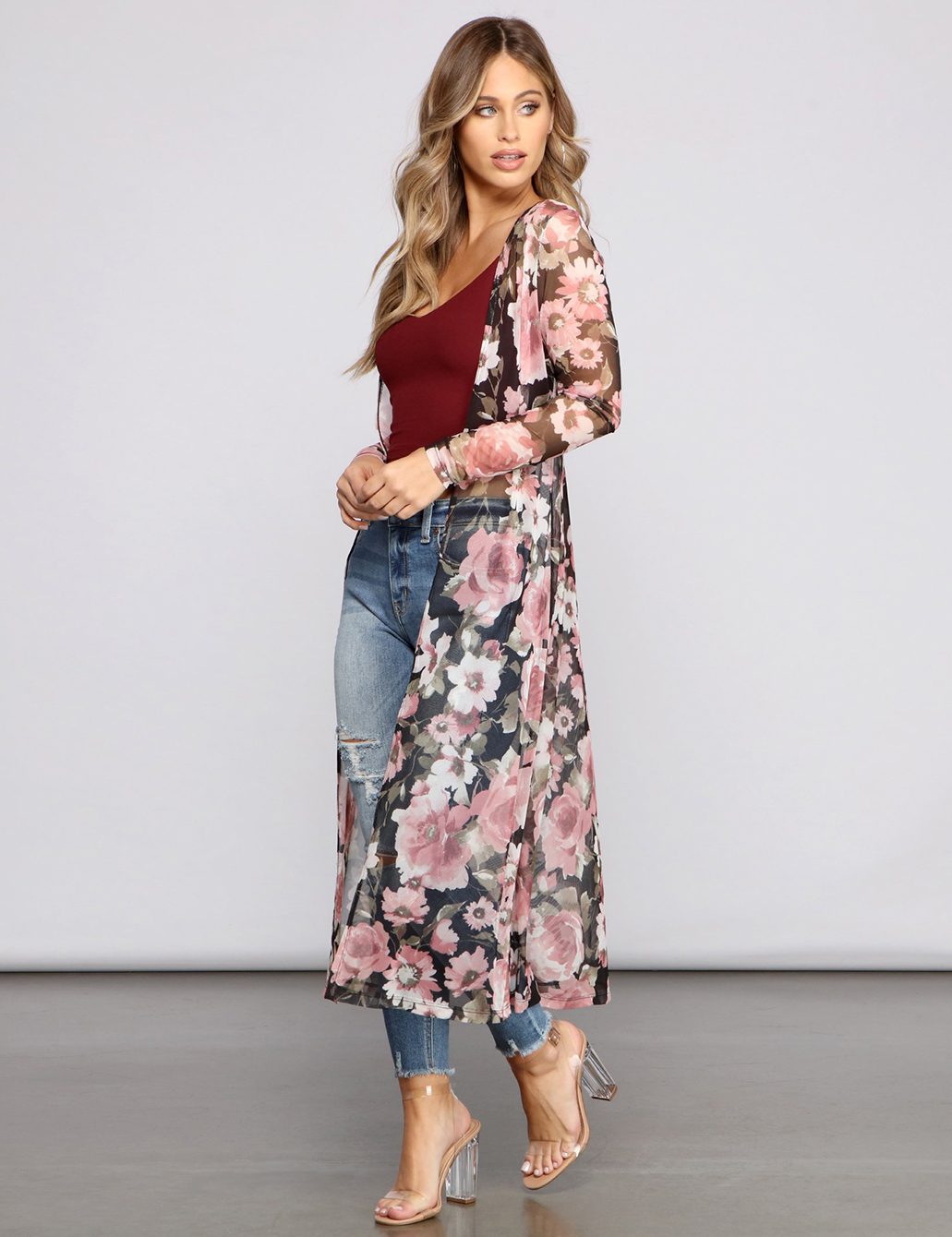 flower print mesh duster