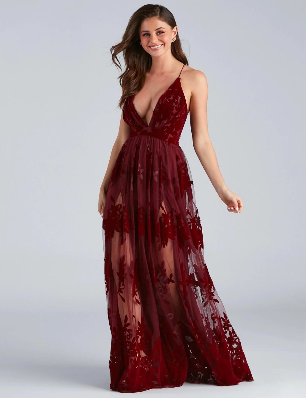 Burgundy Formal Flocked Velvet Floral Bridesmaid Dress