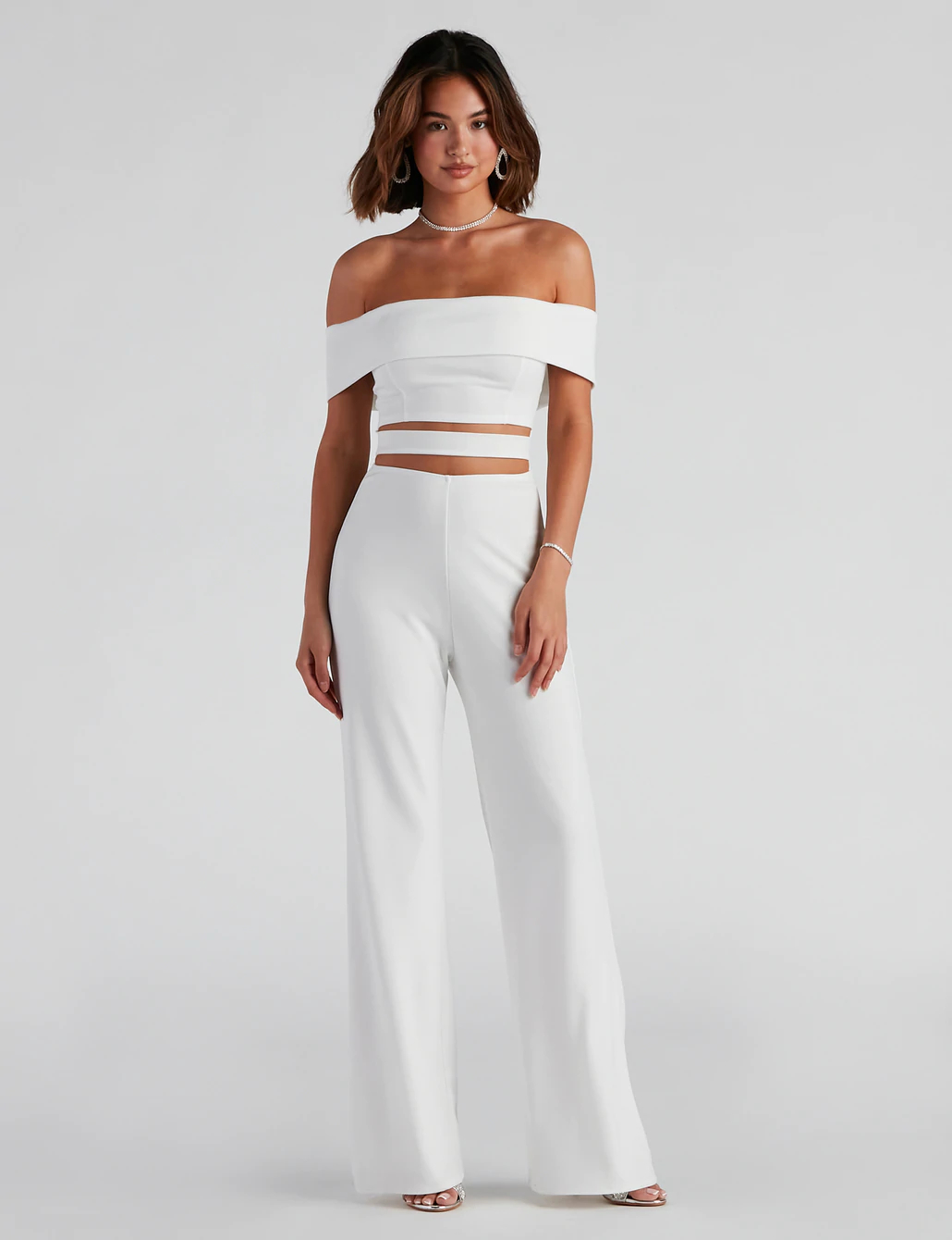 Off-The-Shoulder White Jumpsuit With A Front Cutout Waist Featuring A Bar Accent