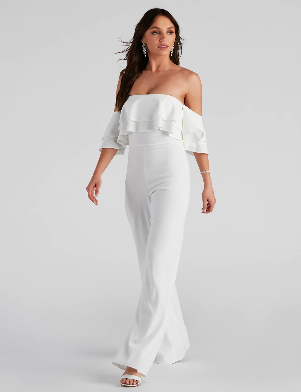 Off-The-Shoulder White Jumpsuit For Bridal Shower With A Tiered Ruffle Neckline