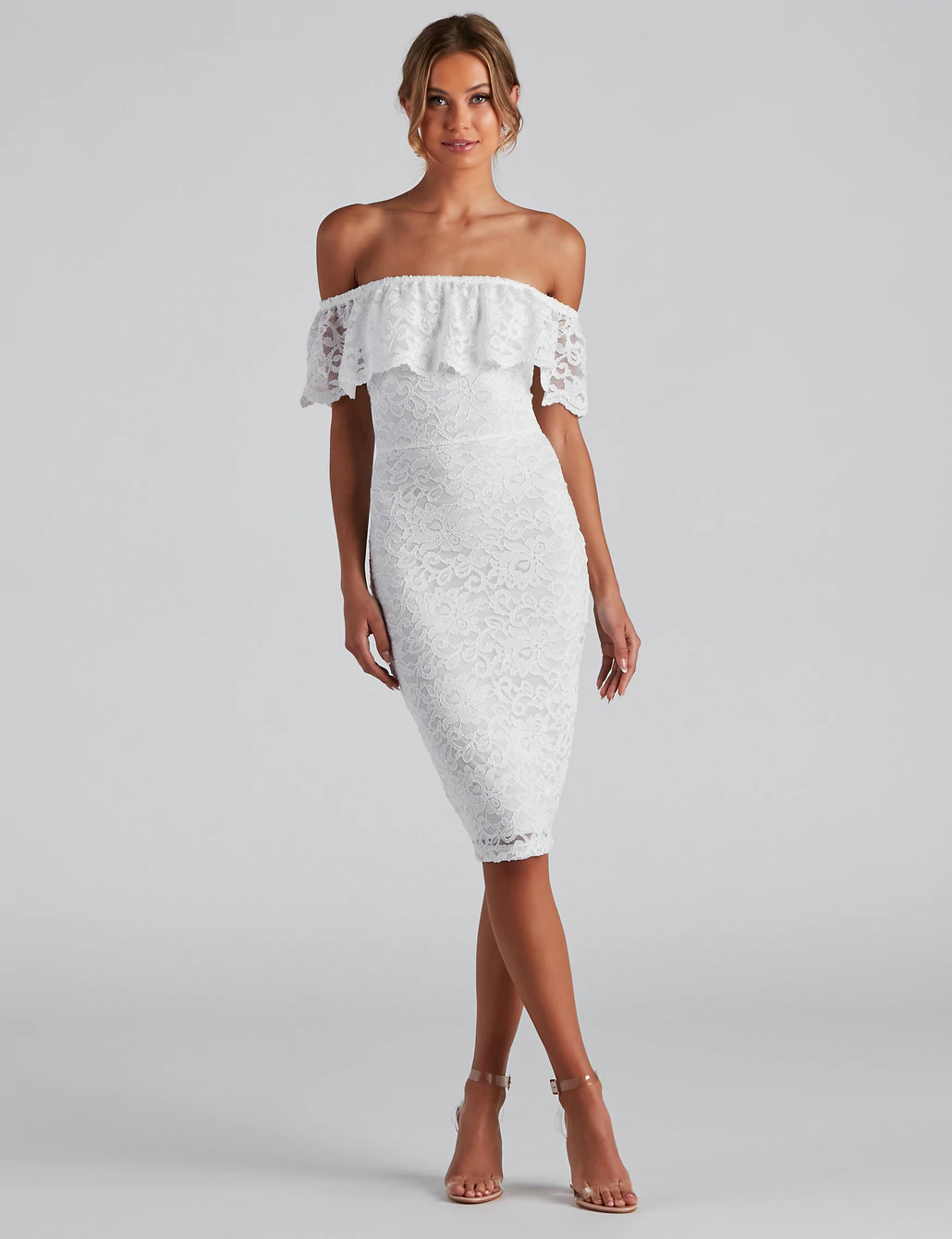 White Lace Off Shoulder Midi Dress