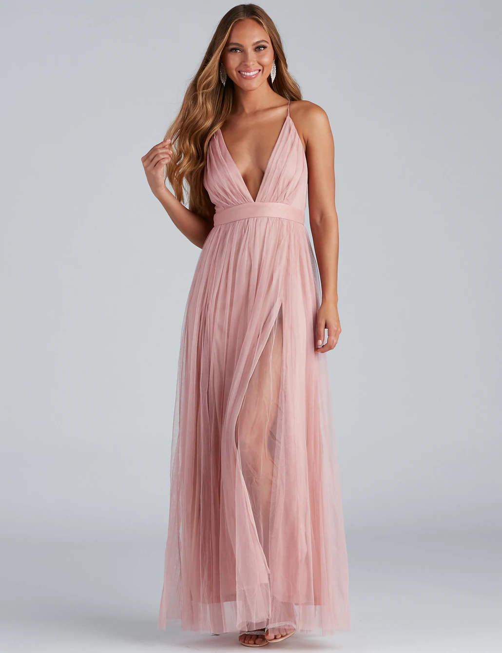 Elisabeth Pleated Mauve Pink Tulle Formal Dress With Dual Front Slits