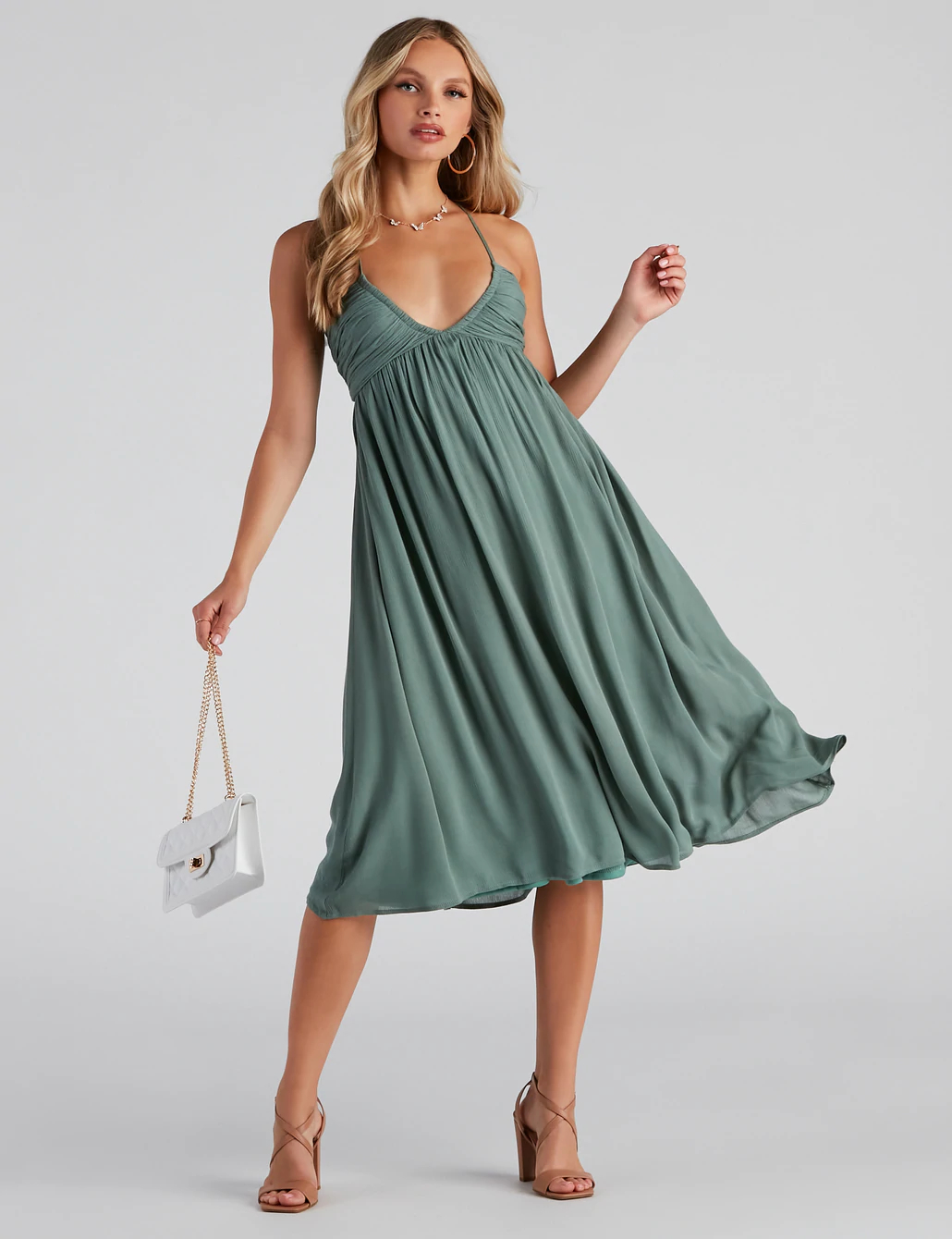 Ruched V-Neckline Sage Green Chiffon Midi Dress