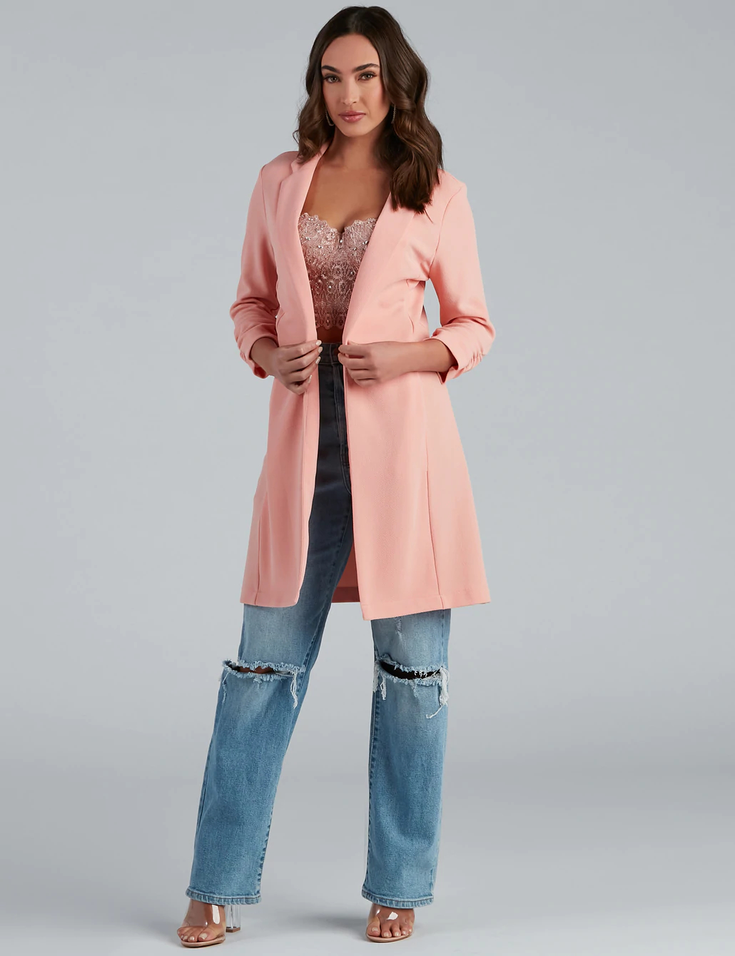 Pink Long Line Blazer With Three-Quarter Sleeves And An Open-Front Design