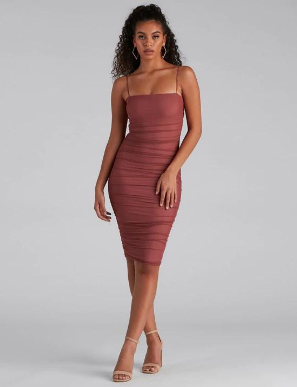 Flirty Arrival Rust Orange Ribbed Drawstring Bodycon Mini Dress