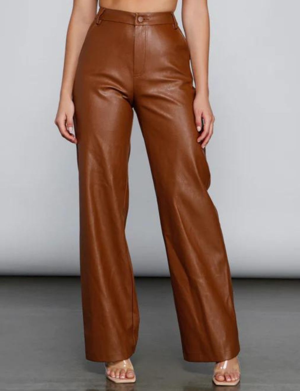 Kimora Split Flare Faux Leather Pants (Cognac)  Faux leather pants, How to  hem pants, Small dress