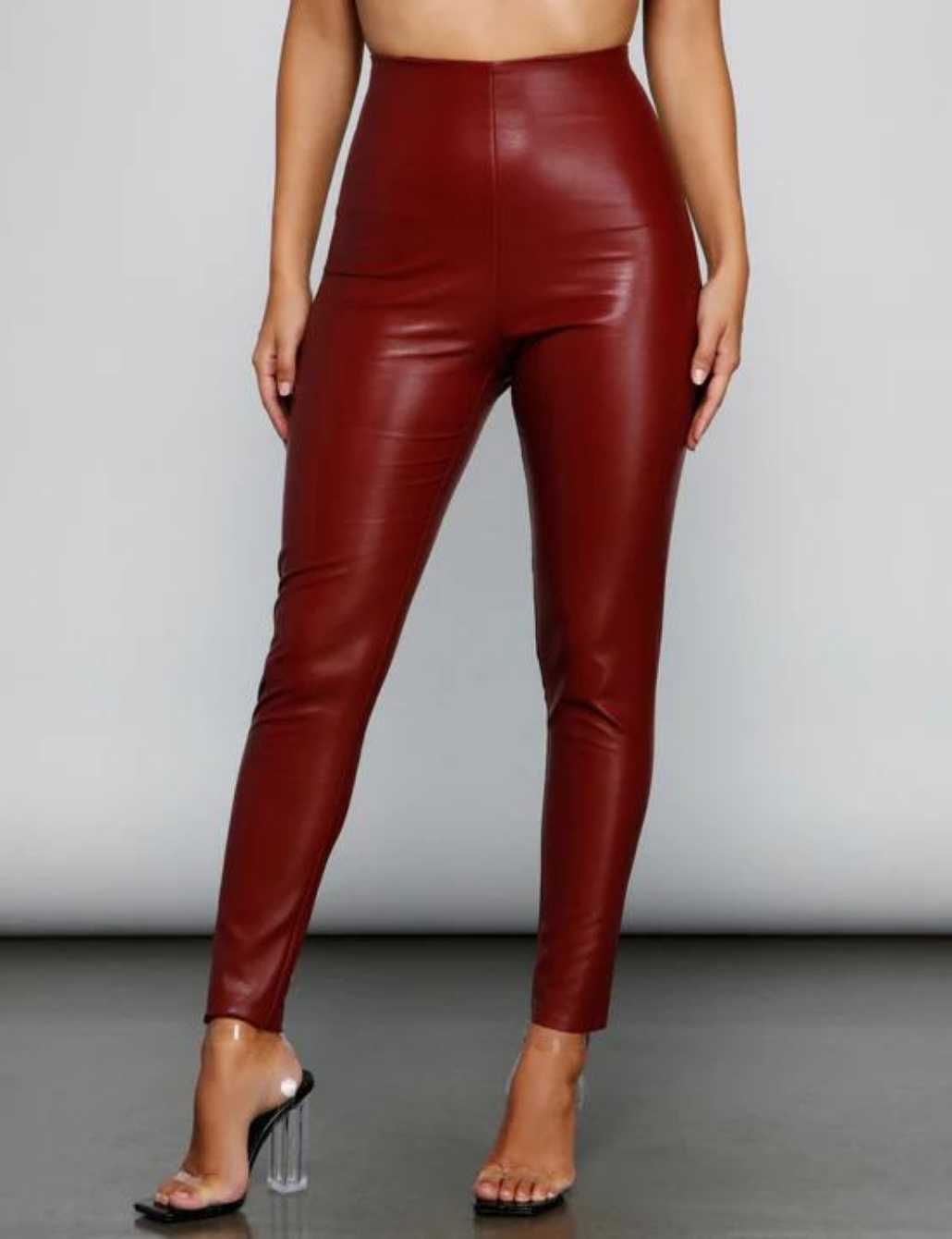 Meca High Rise Faux Leather Pants - Wine  Faux leather pants outfit, Red leather  pants, Brown leather pants