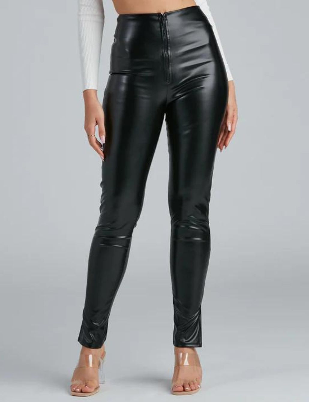 GLITTER FAUX LEATHER FITTED PANTS _ BLACK – LVIR