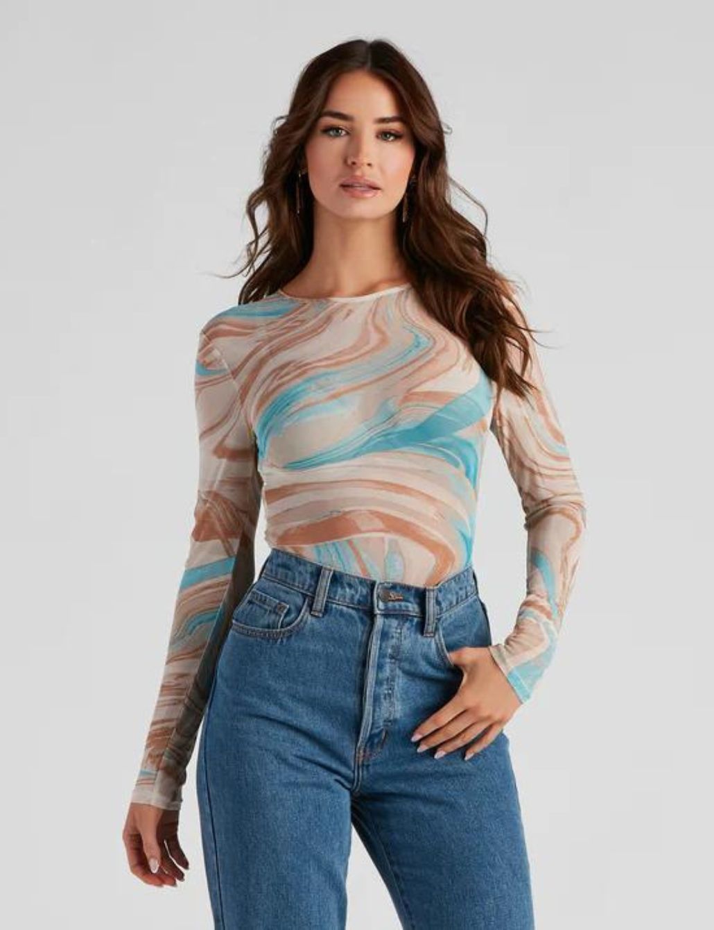 Weekday Long Sleeve Mesh Top with Illusion Graphic print-Multi