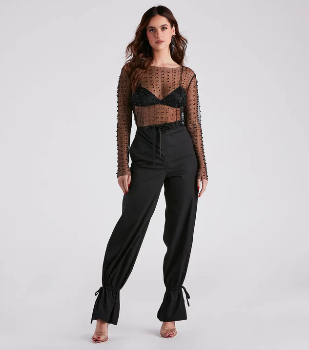 Black Beaded Mesh Long Sleeve Crop Top for 21st Birthday Outfit