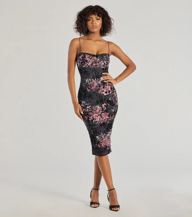 Black Floral Mesh Corset Midi Cocktail Dress for Birthday Dinner