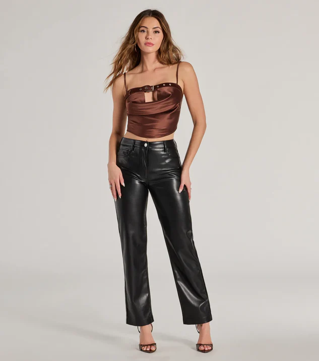 Buckle Trim Satin Crop Top and Faux Leather Pants