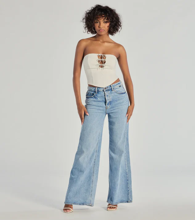 Rhinestone Bow Strapless Corset Top with High Rise jeans for 21st birthday outfit