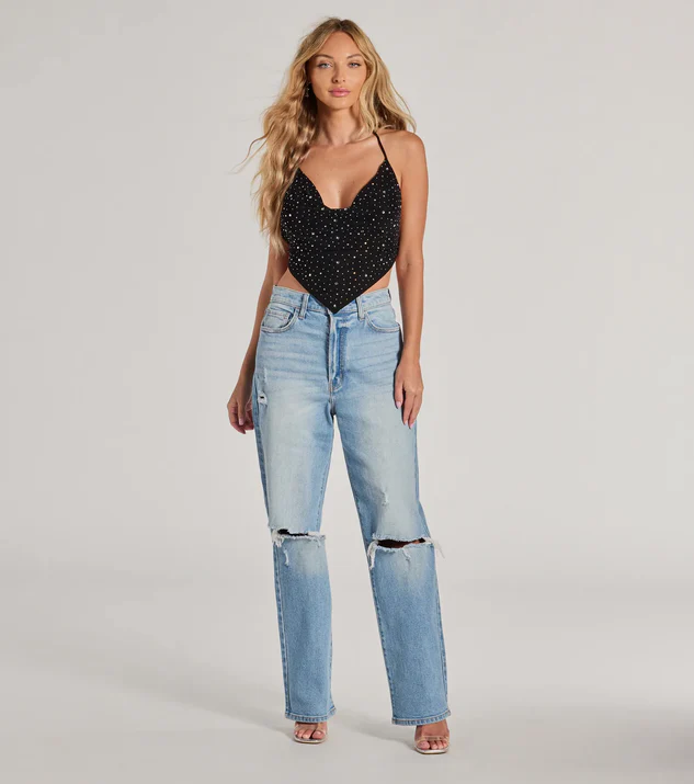 Rhinestone Halter Crop Top w/ High Rise jeans for 21st birthday outfit