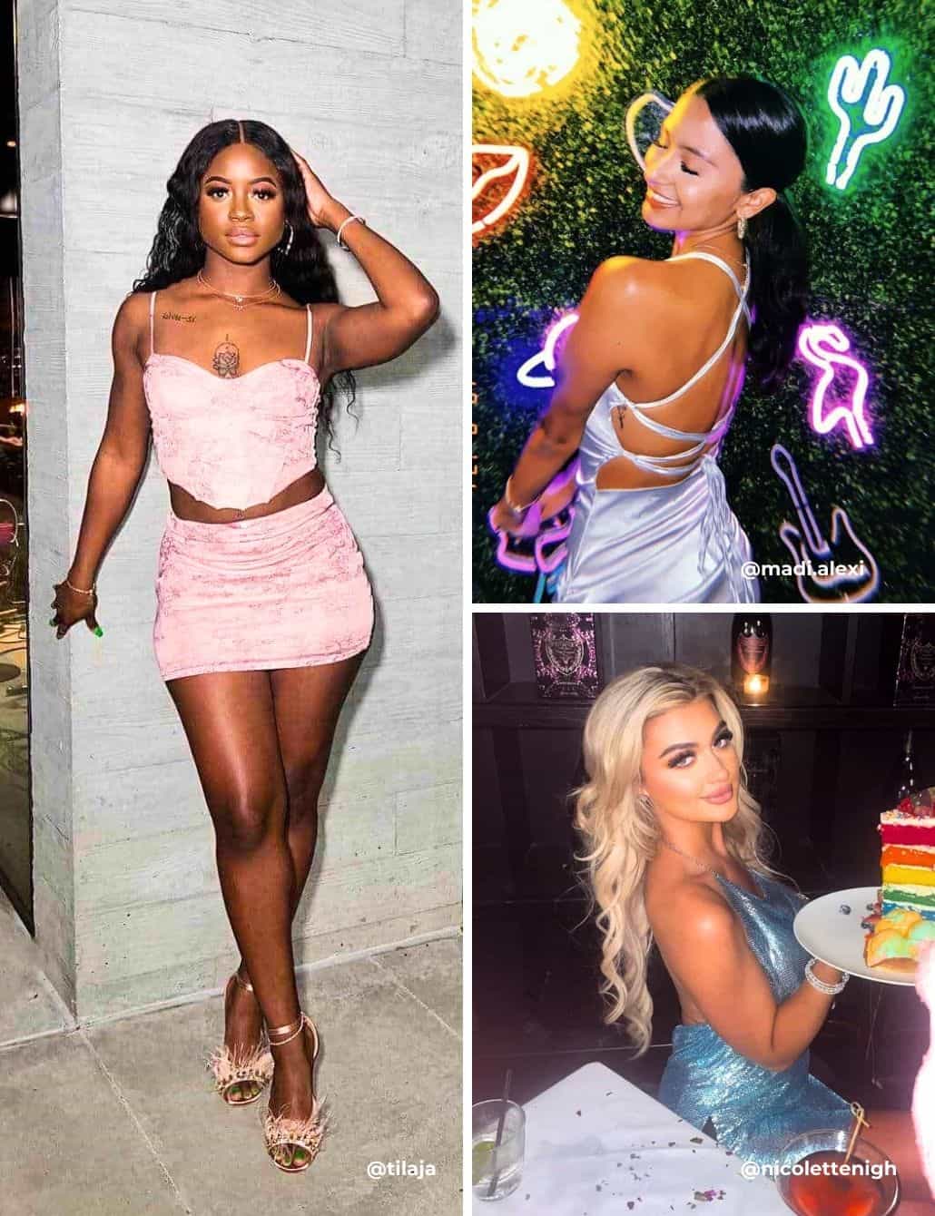 Three examples of stylish women's 21 st birthday outfits for clubbing, dinner party, or celebrating at a bar