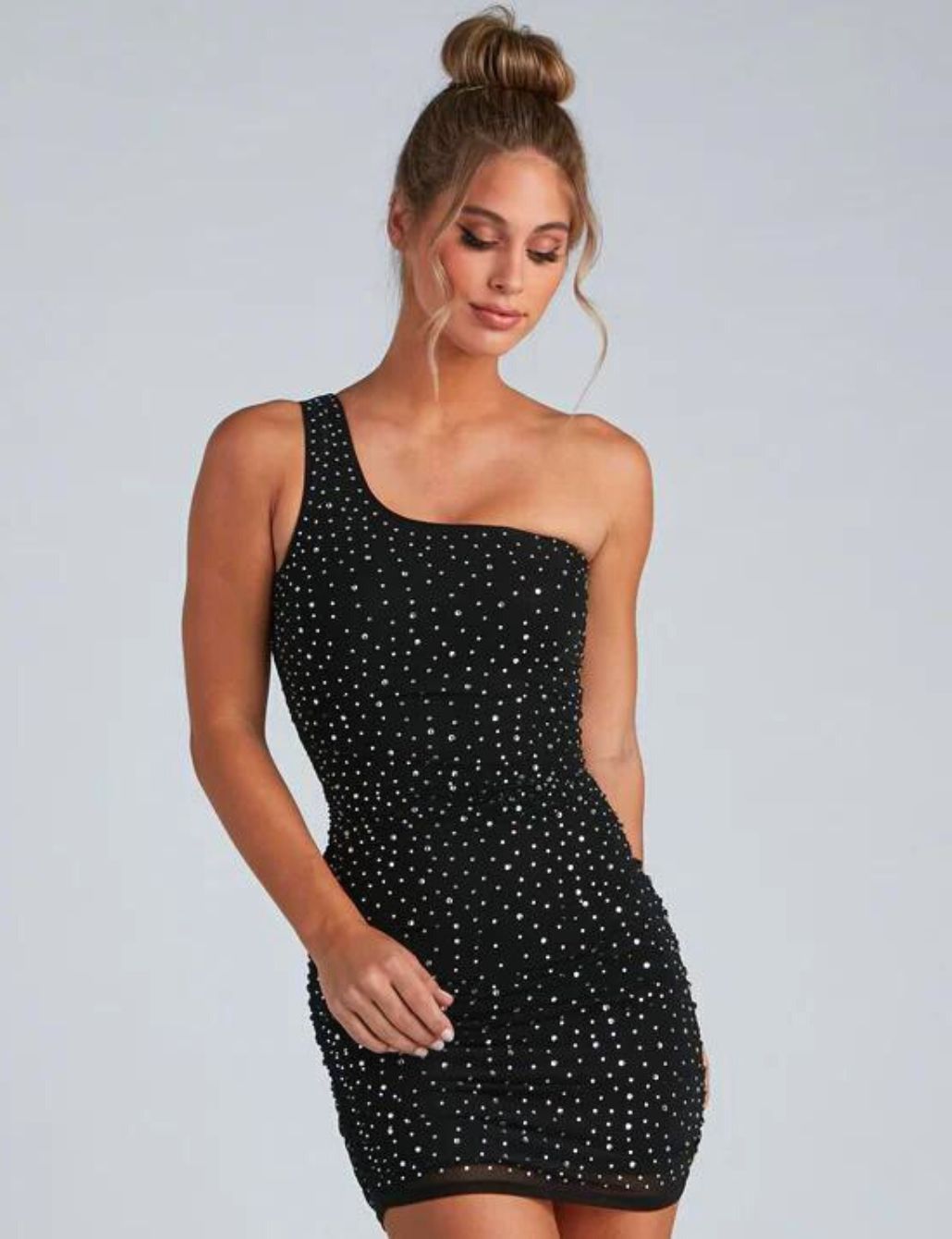 One Shoulder Black Sequin Bodycon Mini Dress,Black Homecoming Dress Y2 –  Simplepromdress