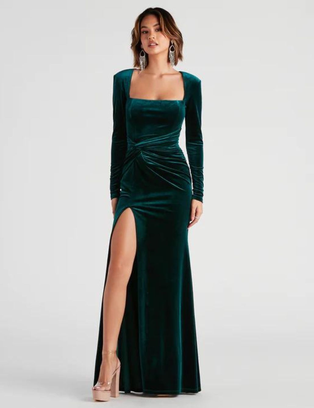 Dark Green Velvet Maxi Train Sleeveless Dress with Lace Insertion