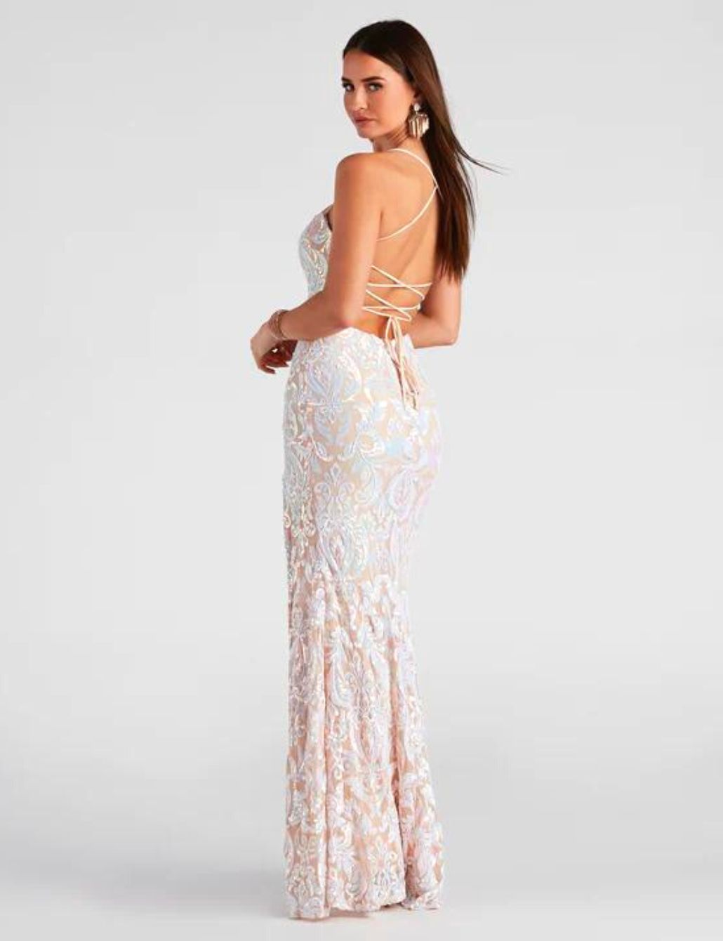 White Iridescent Sequin Scroll Dress for Bridesmaids