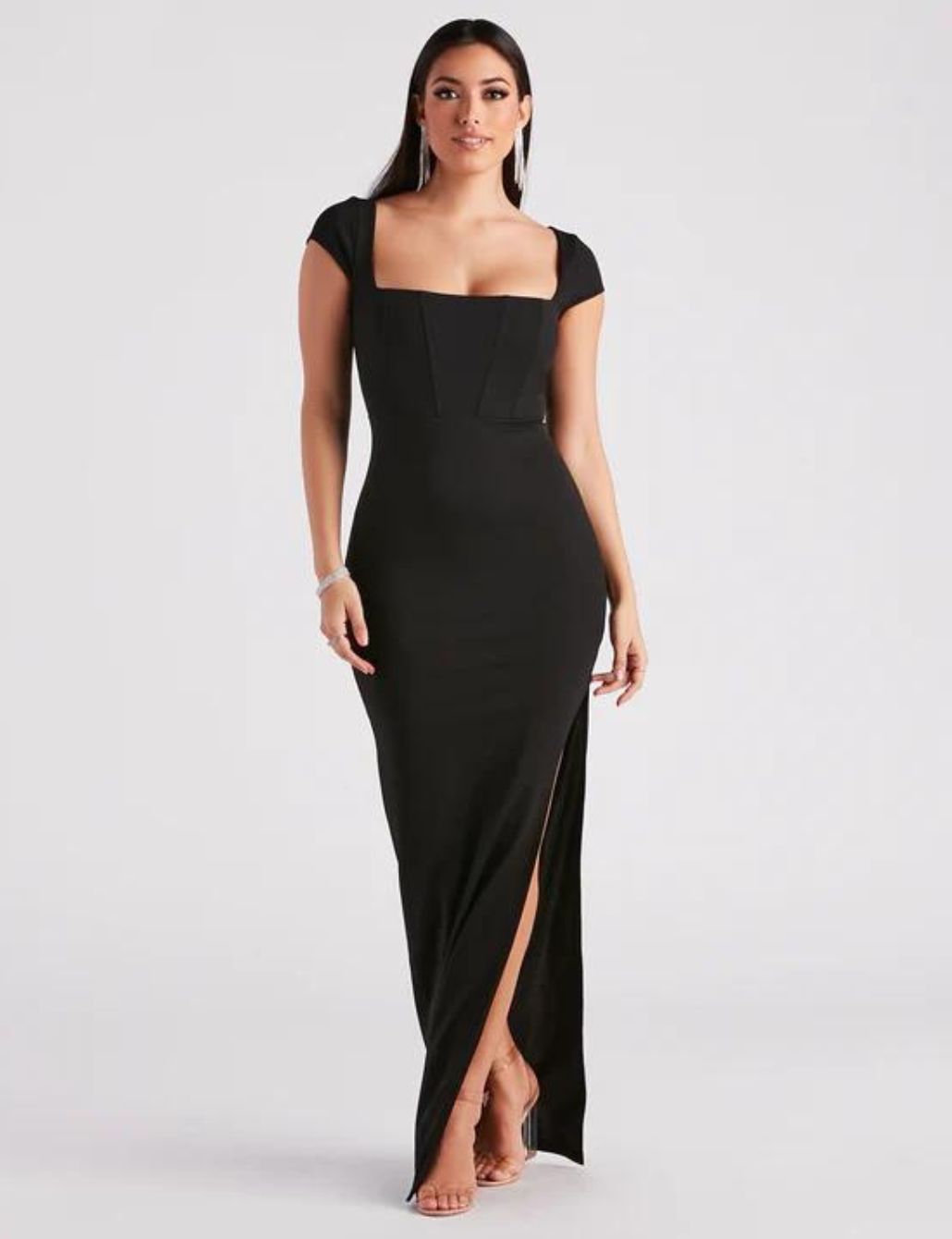 Black Corset Cap Sleeve Formal Bridesmaid Dress