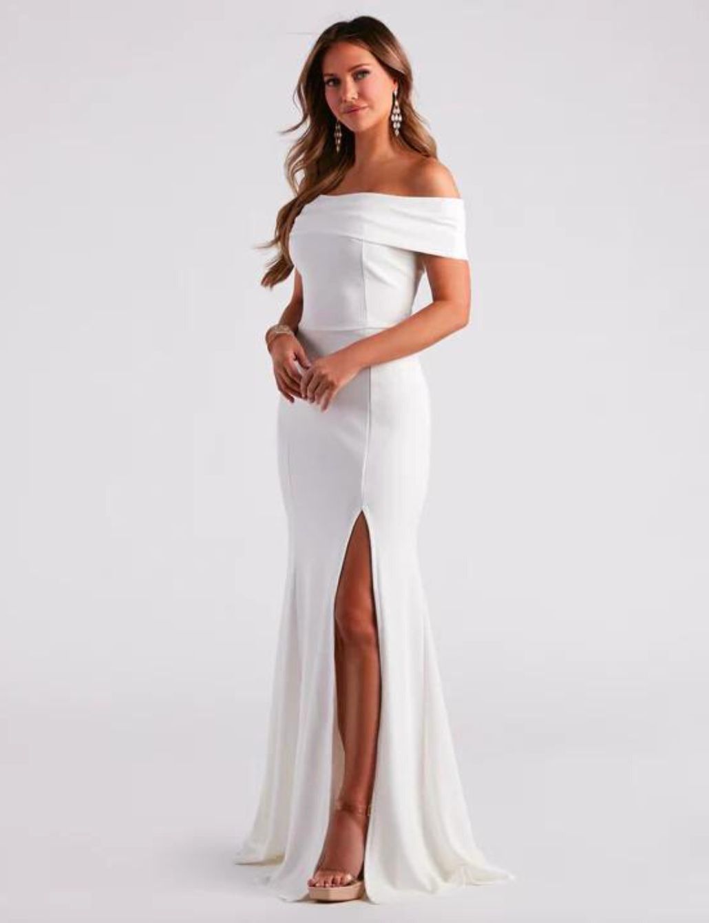 White Formal Crepe Off-the-Shoulder Bridesmaid Dress