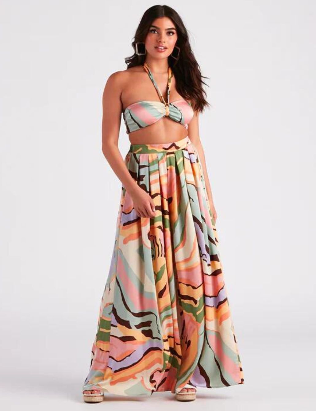 Multi-Color Halter Crop Top and Matching Wide-leg Pants outfit for Birthday Celebration