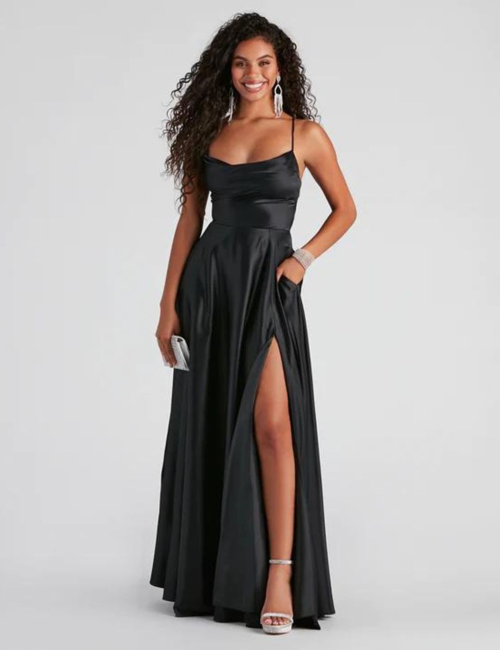 Black Satin Square Neck A-Line Gwon for a Bridesmaid Dress