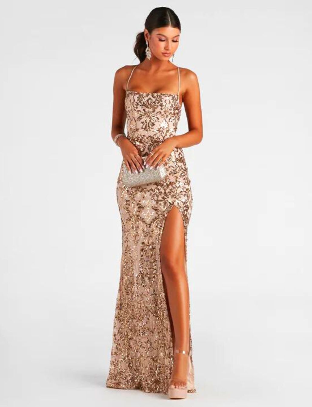 Delilaah Mini Dress - Strappy V Neck Slip Sequin Dress in Gold Sequins