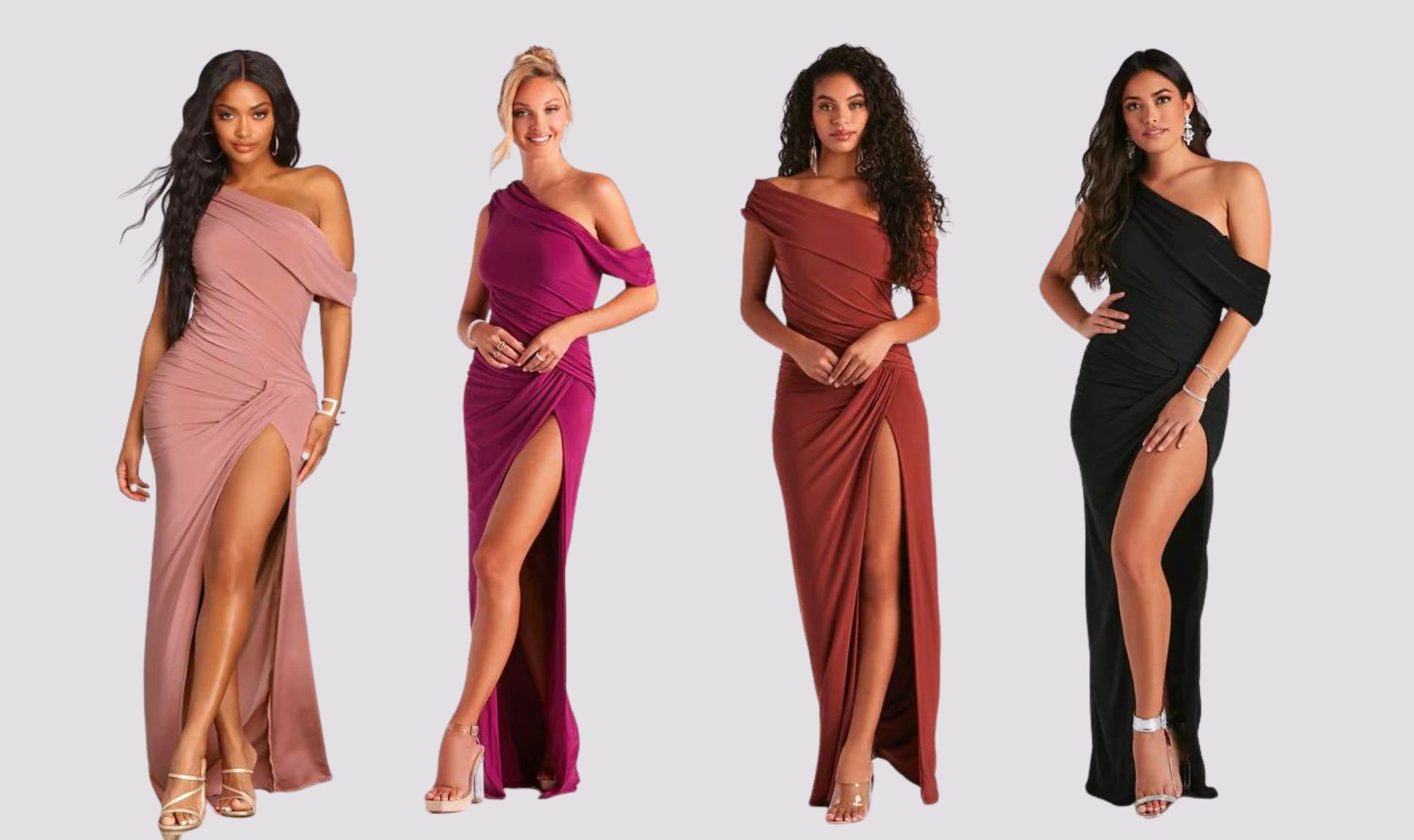 Formal Off-The-Shoulder Knit Dress For Bridesmaids in warm undertones.
