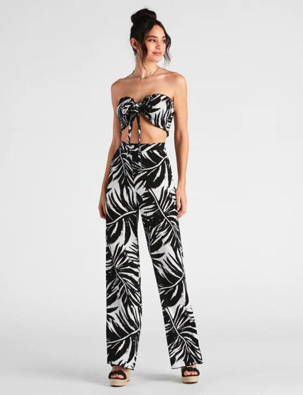 White Floral Crop Top and Pants Matching Sets