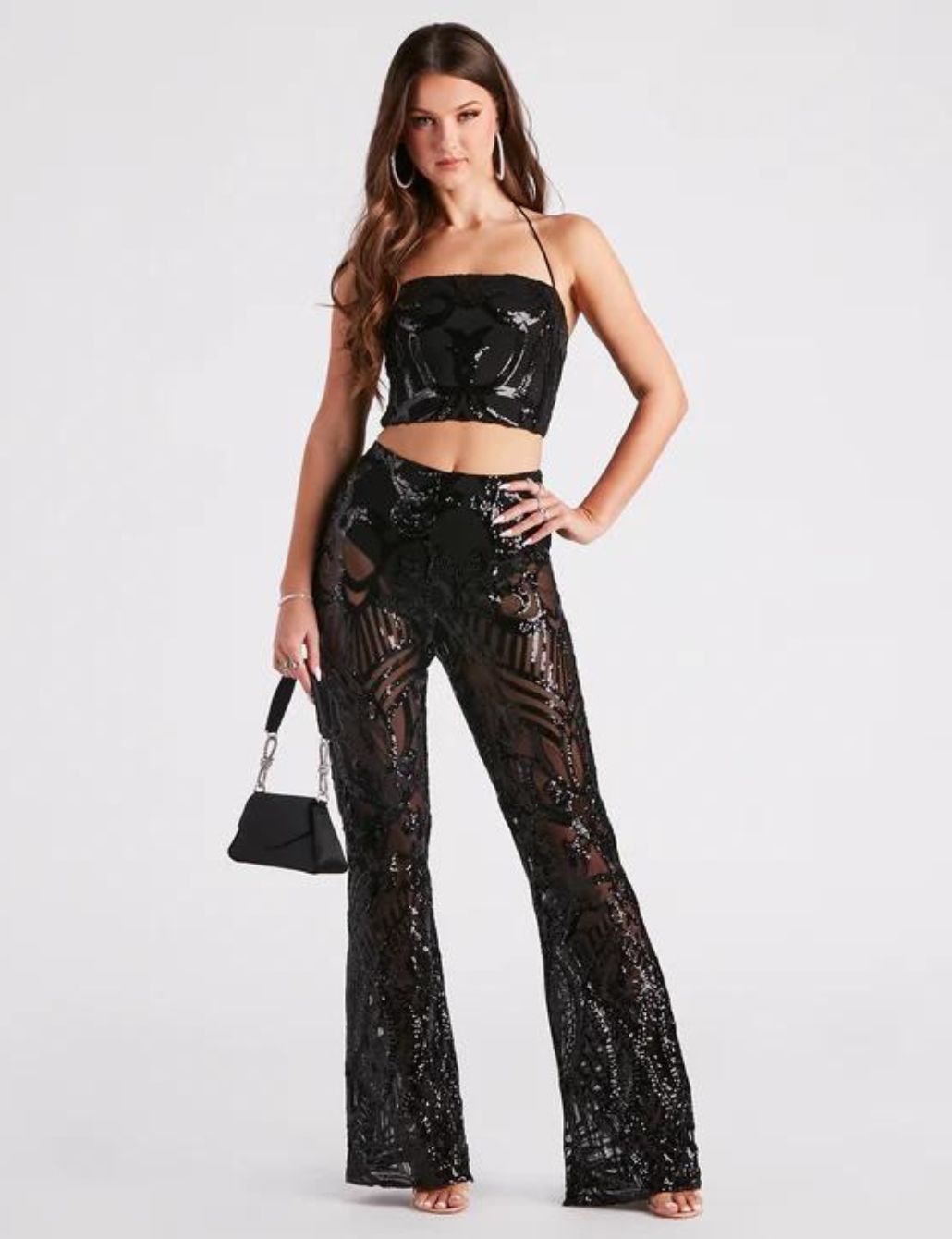 Black Sequin Pants And Satin Top Set